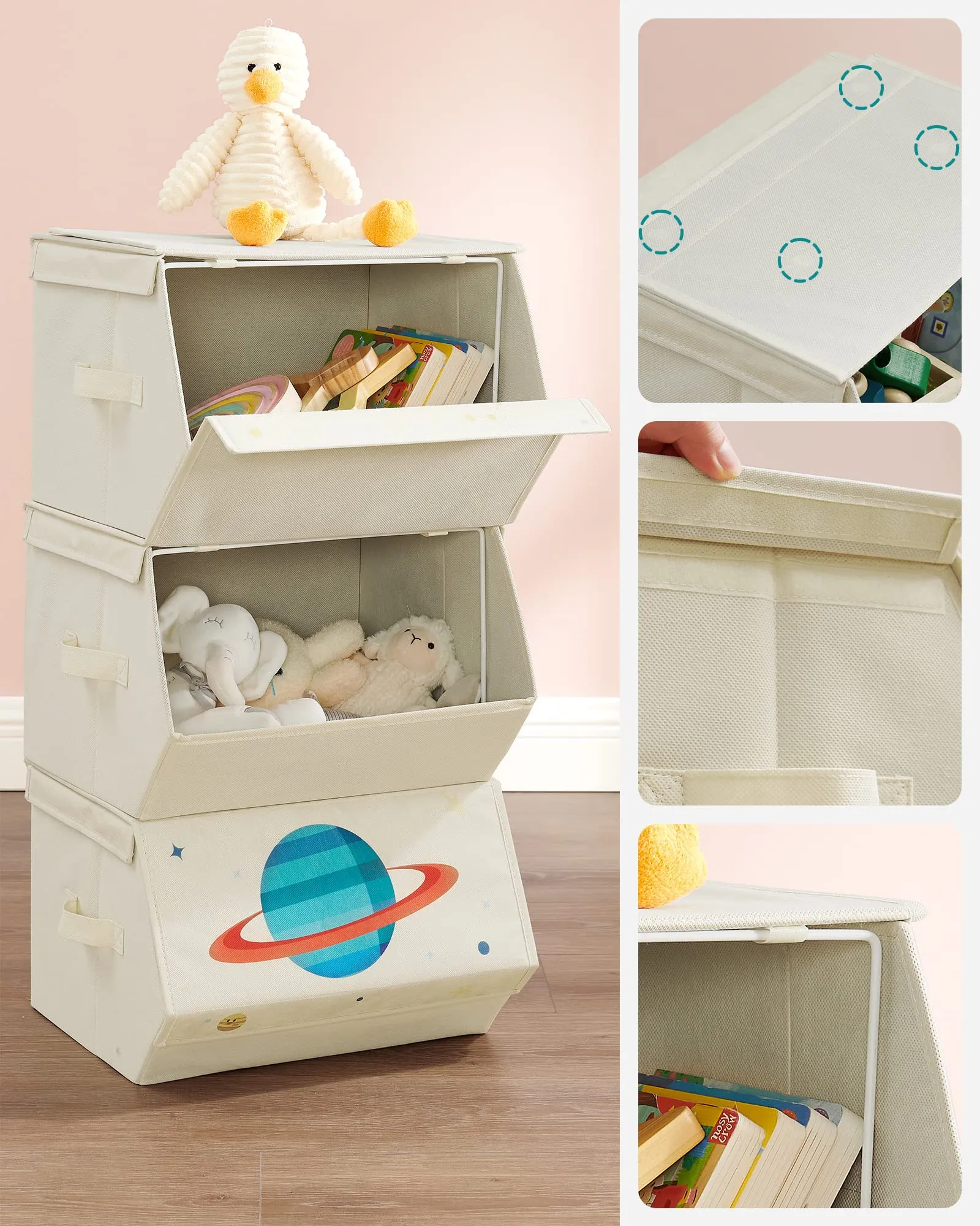 SONGMICS Organizzatori per Bambini, 3 Scatole Portaoggetti Impilabili Pieghevoli con Manici e Coperchio Magnetico, Tema Spazio, Beige RLB700M01 - immagine 4