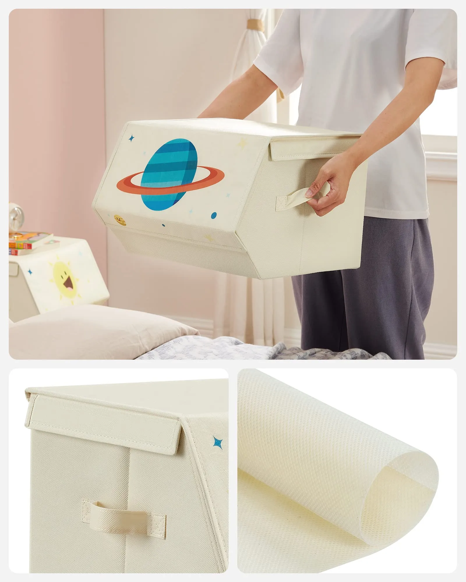 SONGMICS Organizzatori per Bambini, 3 Scatole Portaoggetti Impilabili Pieghevoli con Manici e Coperchio Magnetico, Tema Spazio, Beige RLB700M01 - immagine 6