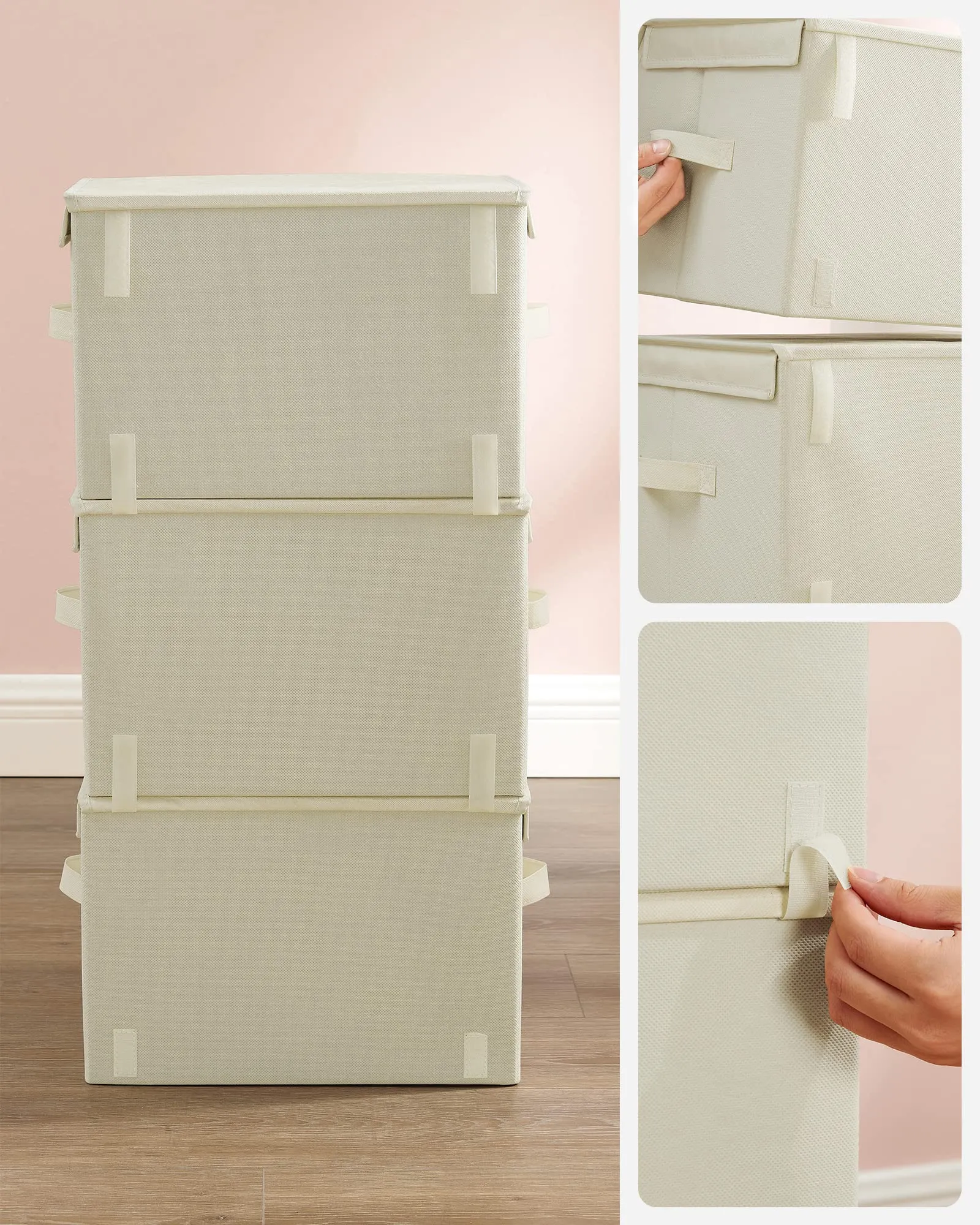 SONGMICS Organizzatori per Bambini, 3 Scatole Portaoggetti Impilabili Pieghevoli con Manici e Coperchio Magnetico, Tema Spazio, Beige RLB700M01 - immagine 7