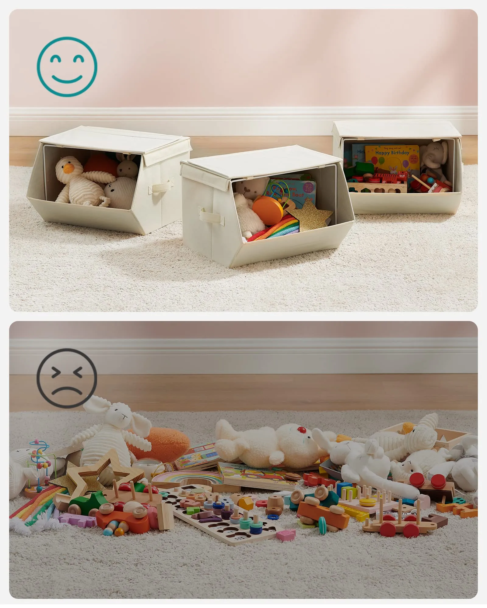 SONGMICS Organizzatori per Bambini, 3 Scatole Portaoggetti Impilabili Pieghevoli con Manici e Coperchio Magnetico, Tema Spazio, Beige RLB700M01 - immagine 8