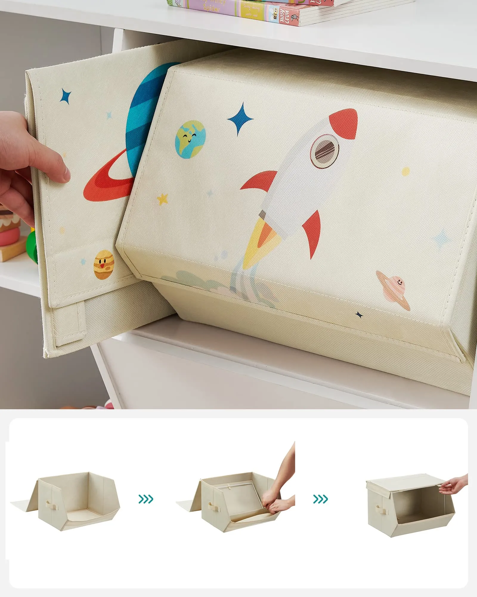 SONGMICS Organizzatori per Bambini, 3 Scatole Portaoggetti Impilabili Pieghevoli con Manici e Coperchio Magnetico, Tema Spazio, Beige RLB700M01 - immagine 9