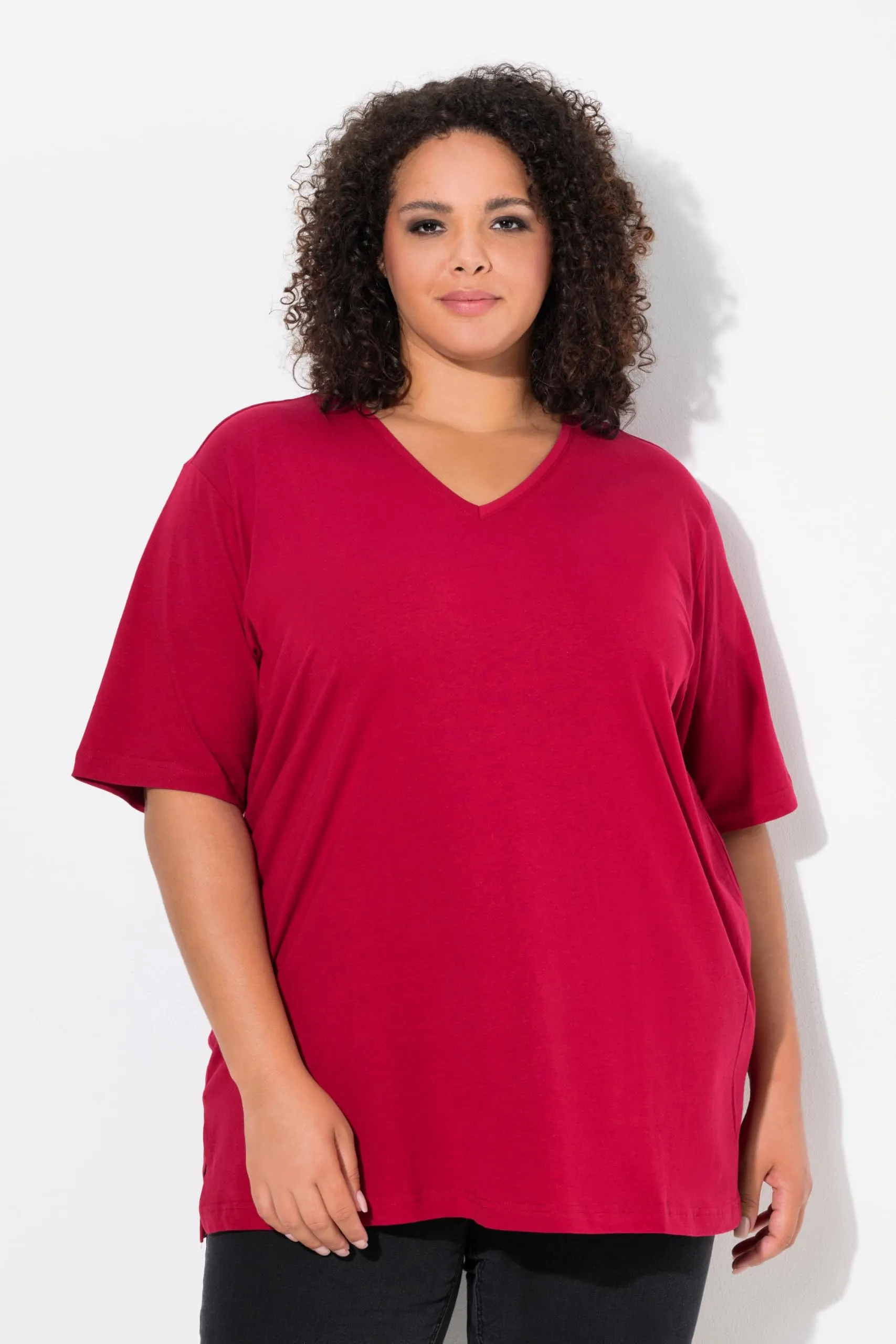 Ulla Popken Maglietta Basic Scollo a V Rilassata a Mezza Manica Donna, Papavero, 72-74 - immagine 3