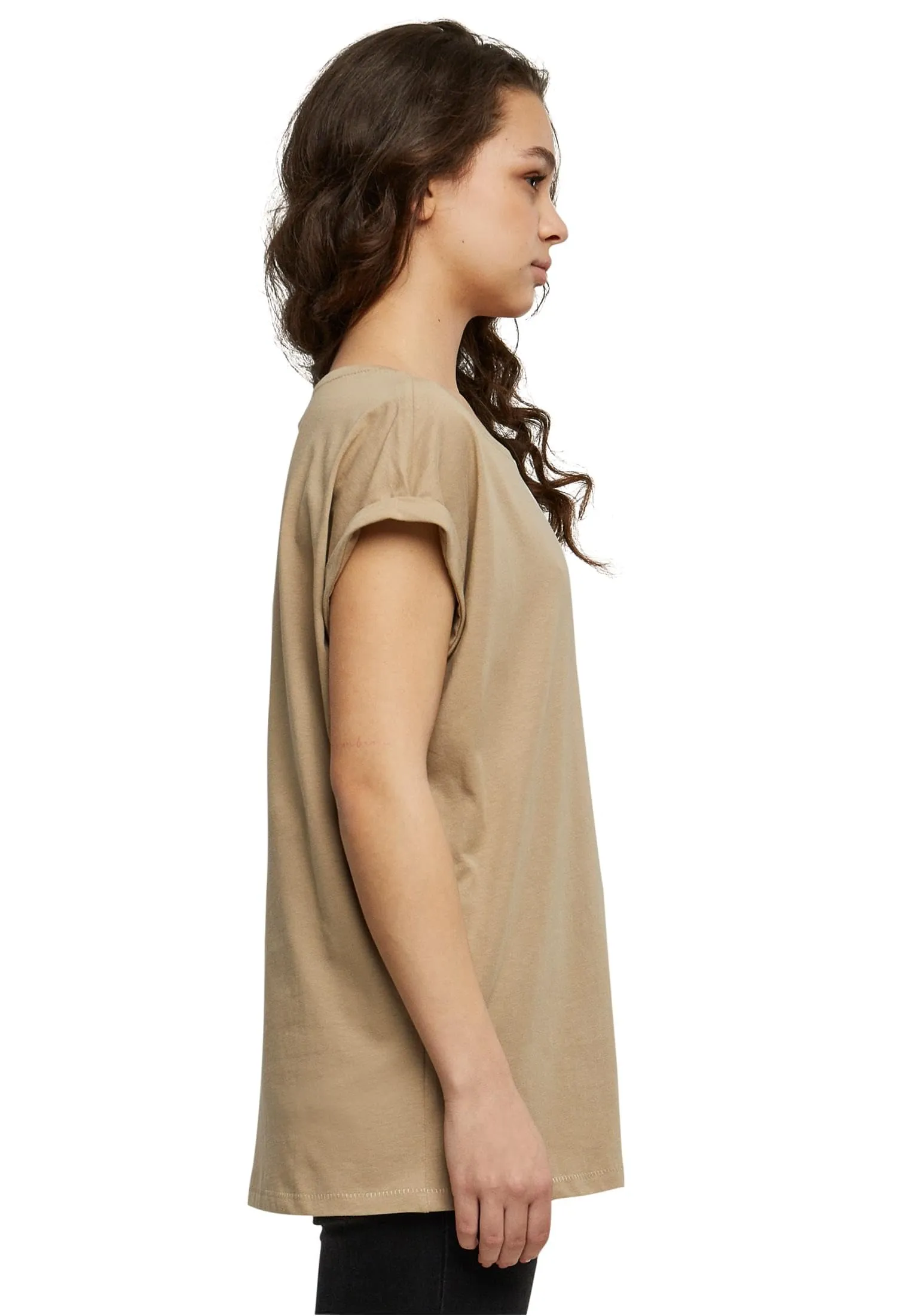 Urban Classics Donna T-shirt in Cotone con Manica Arrotolata e Scollo Rotondo, Beige, L - immagine 2