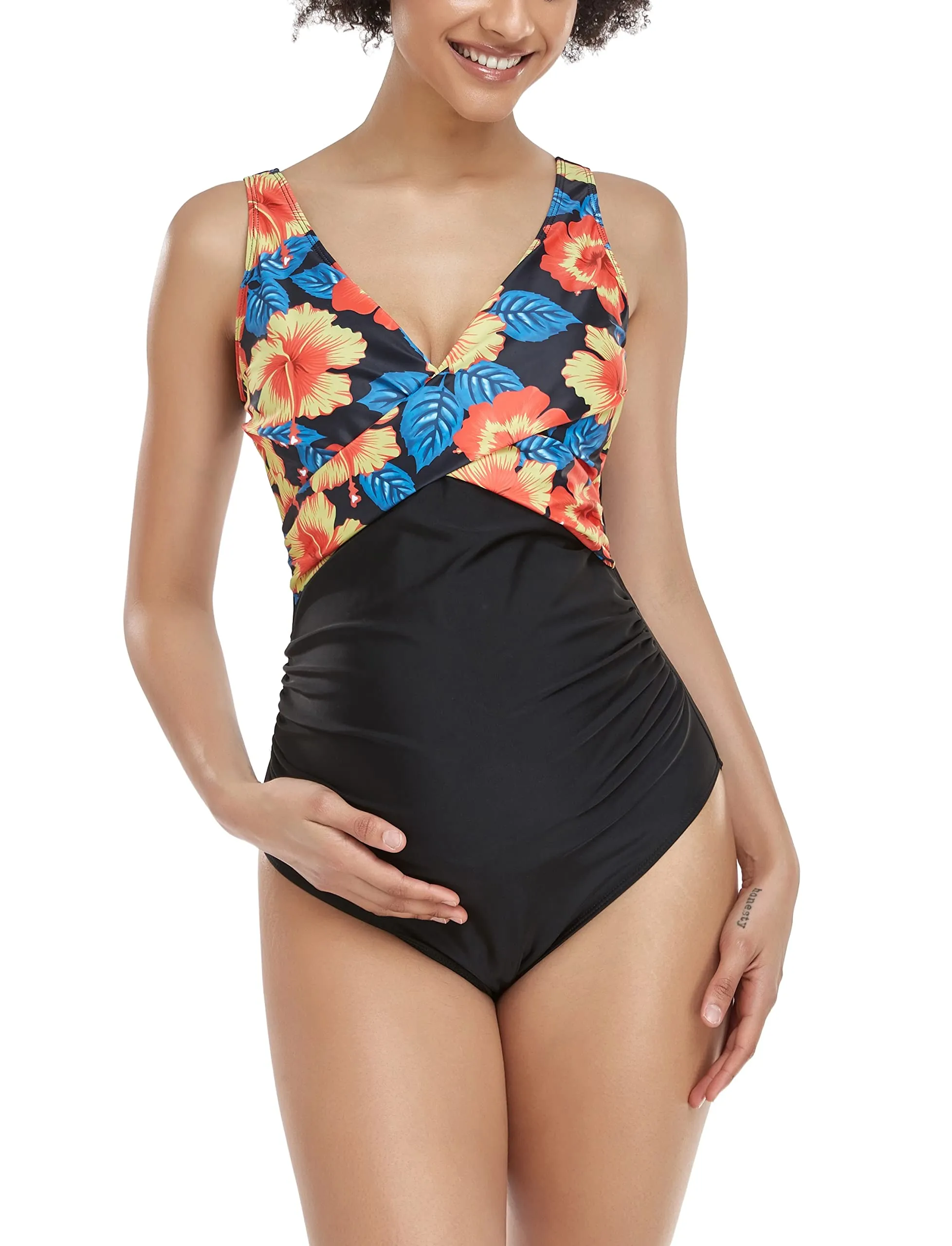 SUMMERSUNSHINE Costume da Bagno Intero Premaman con Incrocio Anteriore, Giallo Floreale Nero, S - immagine 2