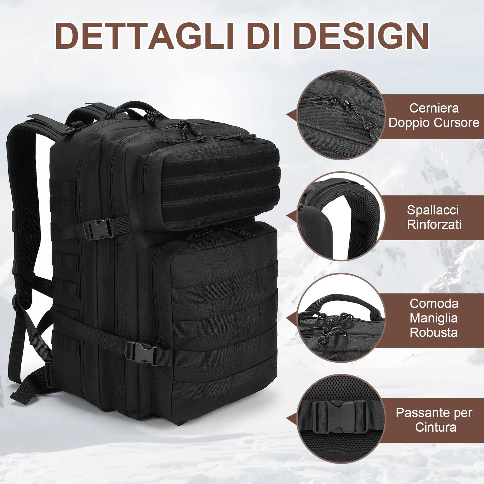 SHANNA Zaino Tattico Militare 45 Litri Impermeabile con Sistema Molle per Hiking, Campeggio e Trekking - immagine 2