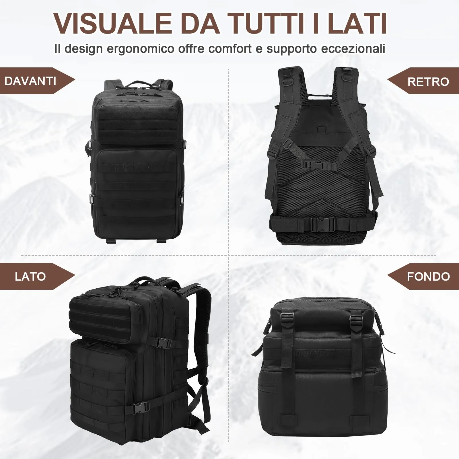 SHANNA Zaino Tattico Militare 45 Litri Impermeabile con Sistema Molle per Hiking, Campeggio e Trekking - immagine 3