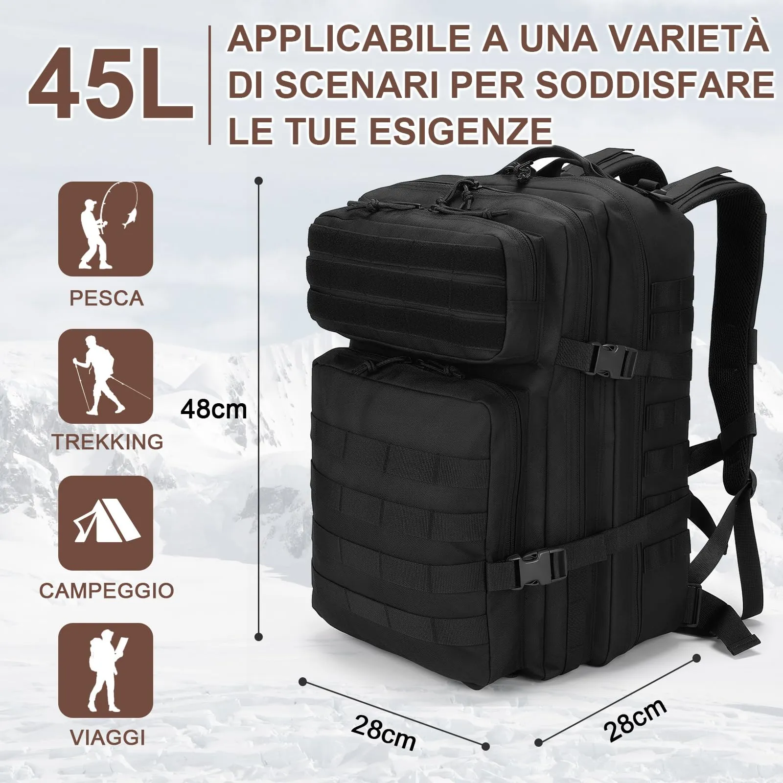 SHANNA Zaino Tattico Militare 45 Litri Impermeabile con Sistema Molle per Hiking, Campeggio e Trekking - immagine 5