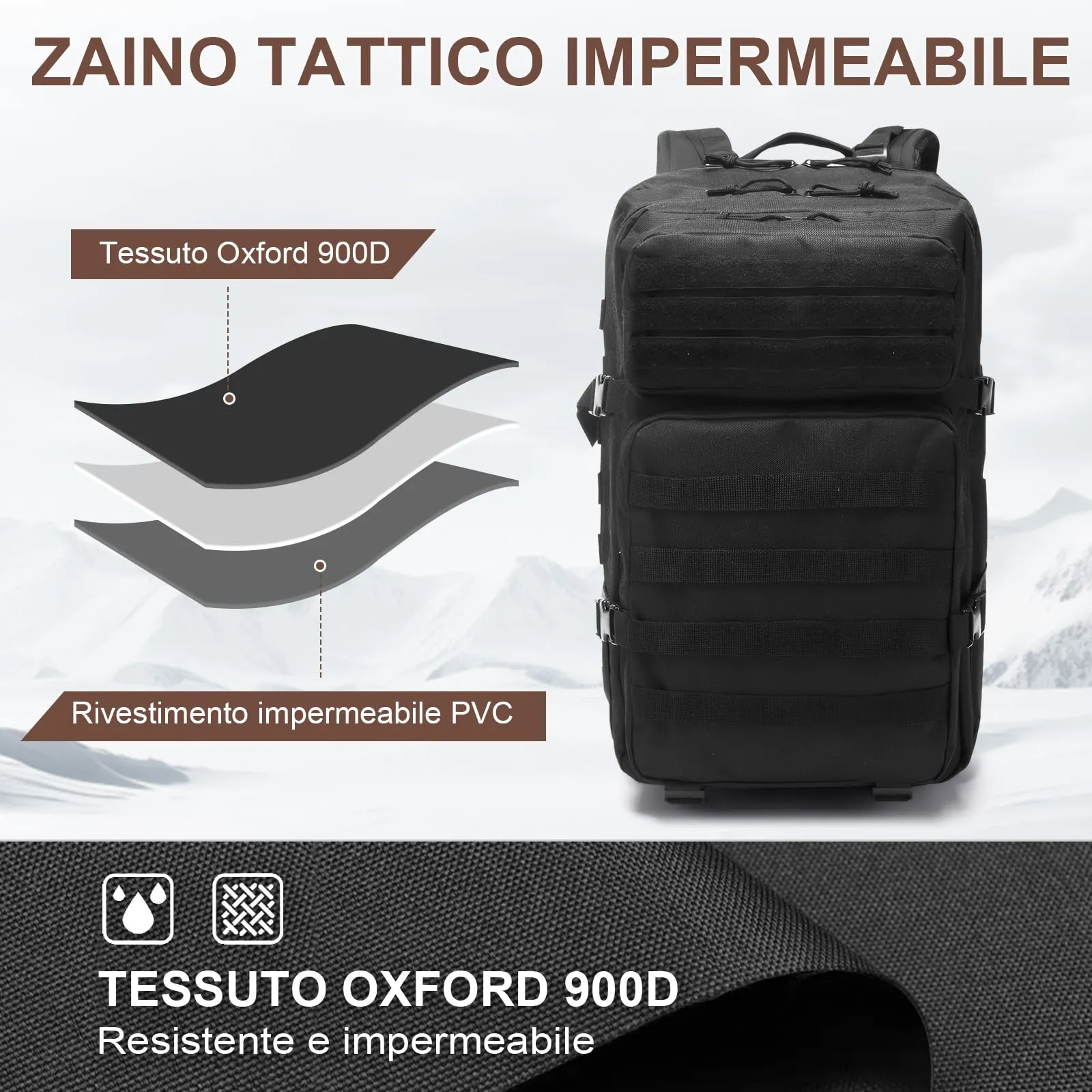 SHANNA Zaino Tattico Militare 45 Litri Impermeabile con Sistema Molle per Hiking, Campeggio e Trekking - immagine 6