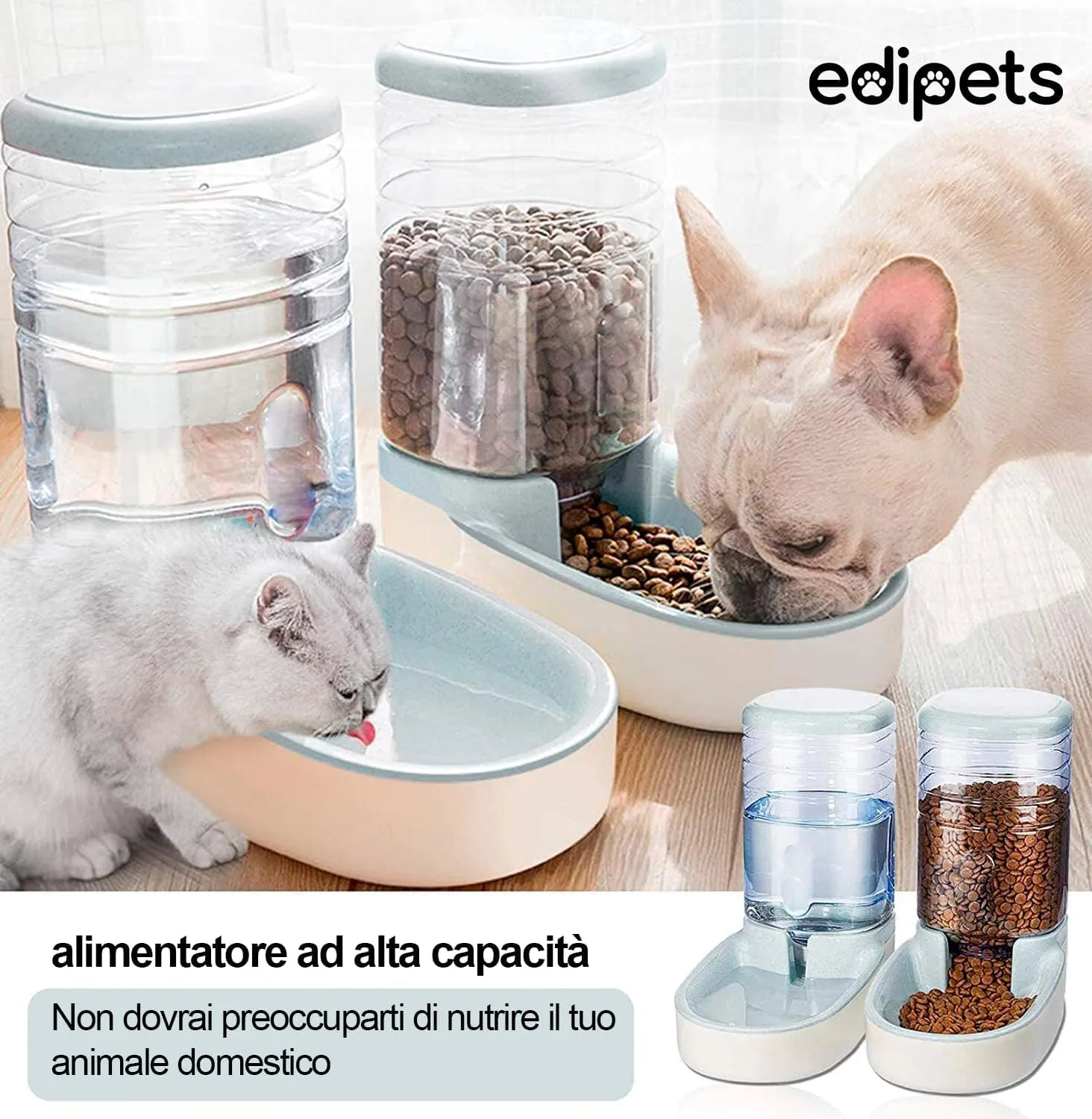 Edipets Dispenser Automatico di Crocchette e Acqua per Cani e Gatti, 3.8L, Grigio - immagine 5