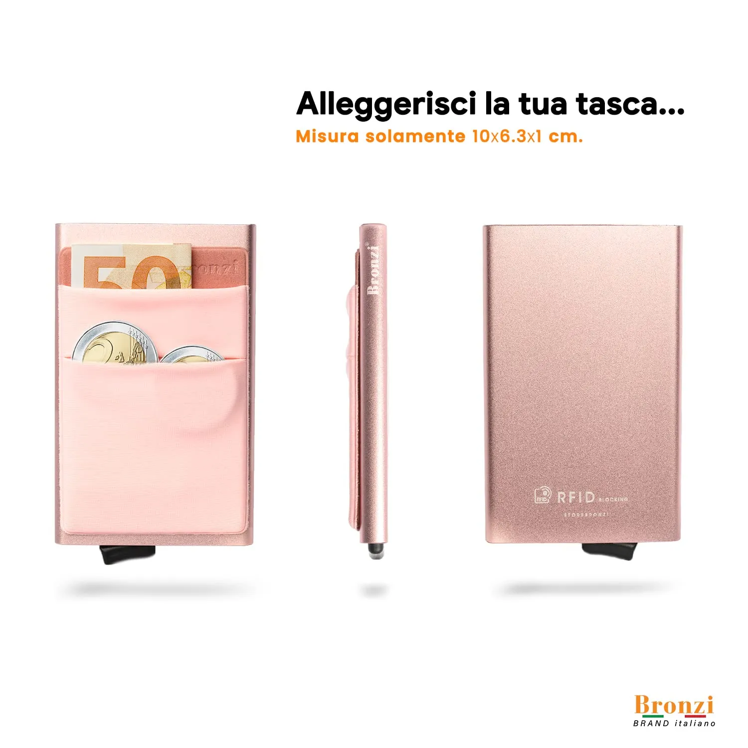 Bronzi Portafoglio Porta Badge Uomo Slim RFID Discovery - Oro Rosa - immagine 4