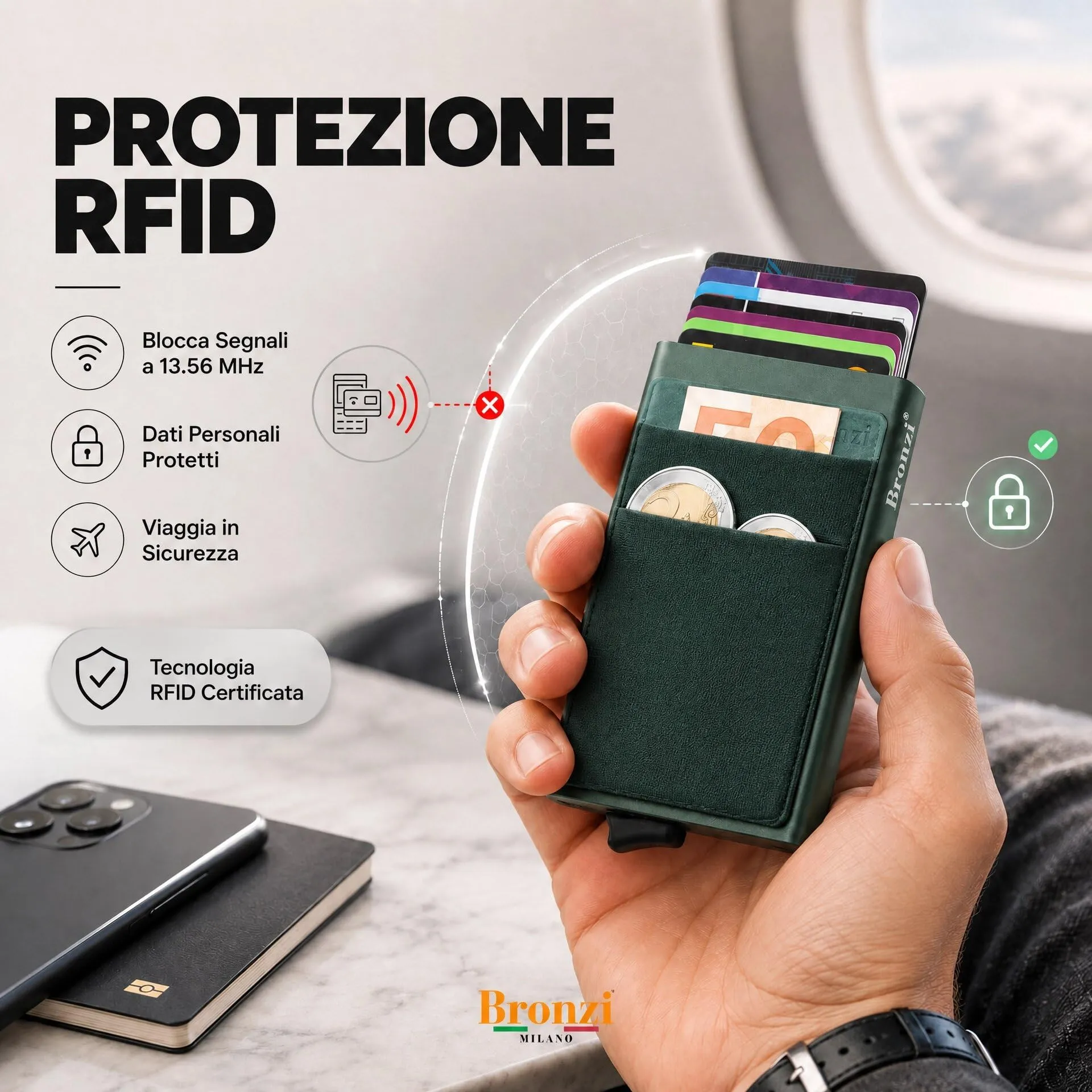 Bronzi Portafoglio Porta Badge Uomo Slim con Protezione RFID (Verde Oliva) - immagine 4