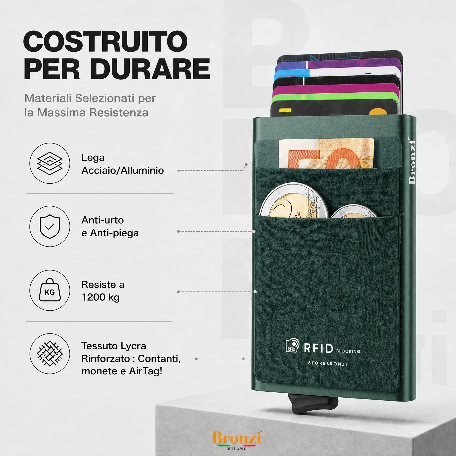 Bronzi Portafoglio Porta Badge Uomo Slim con Protezione RFID (Verde Oliva) - immagine 5