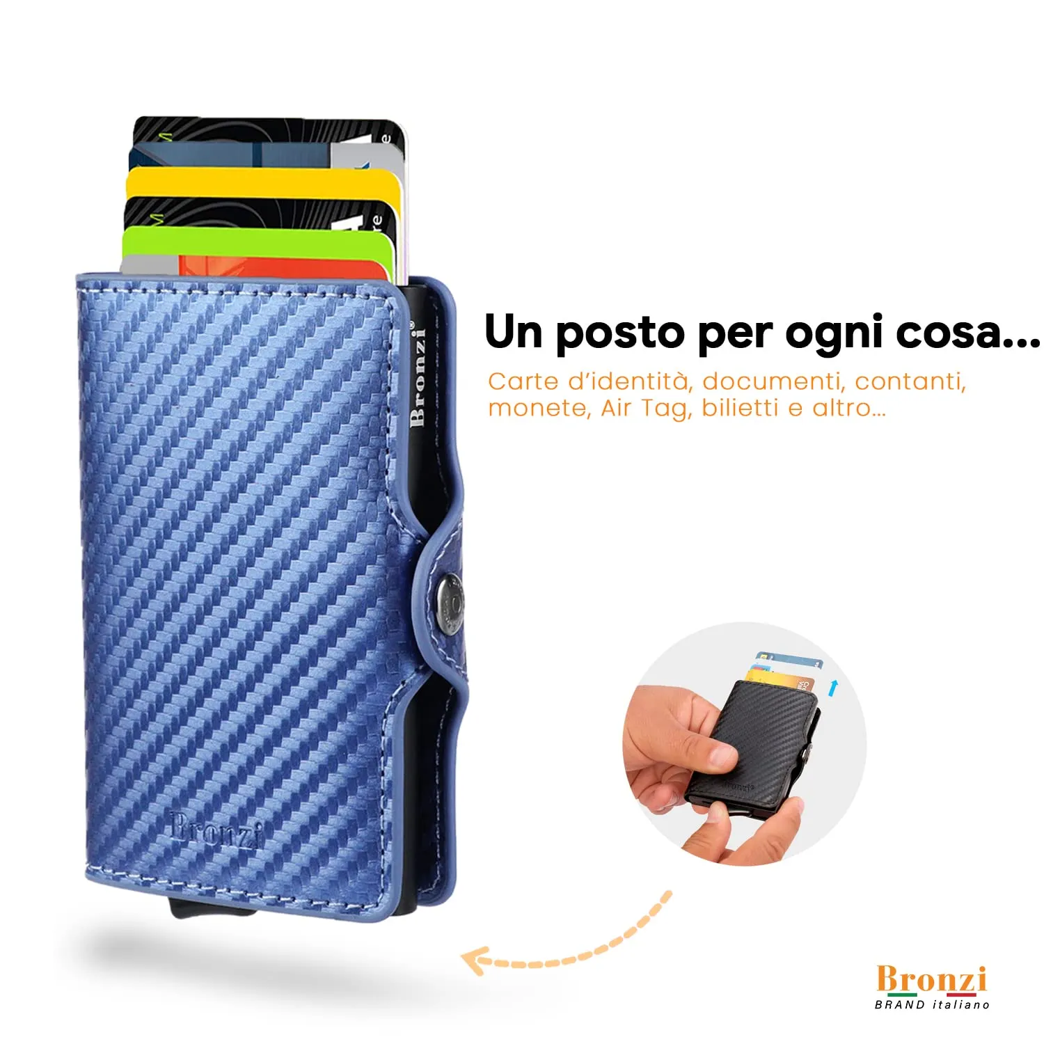 Bronzi Portafoglio Slim Porta Carte Credito RFID Carbon Blu - immagine 2