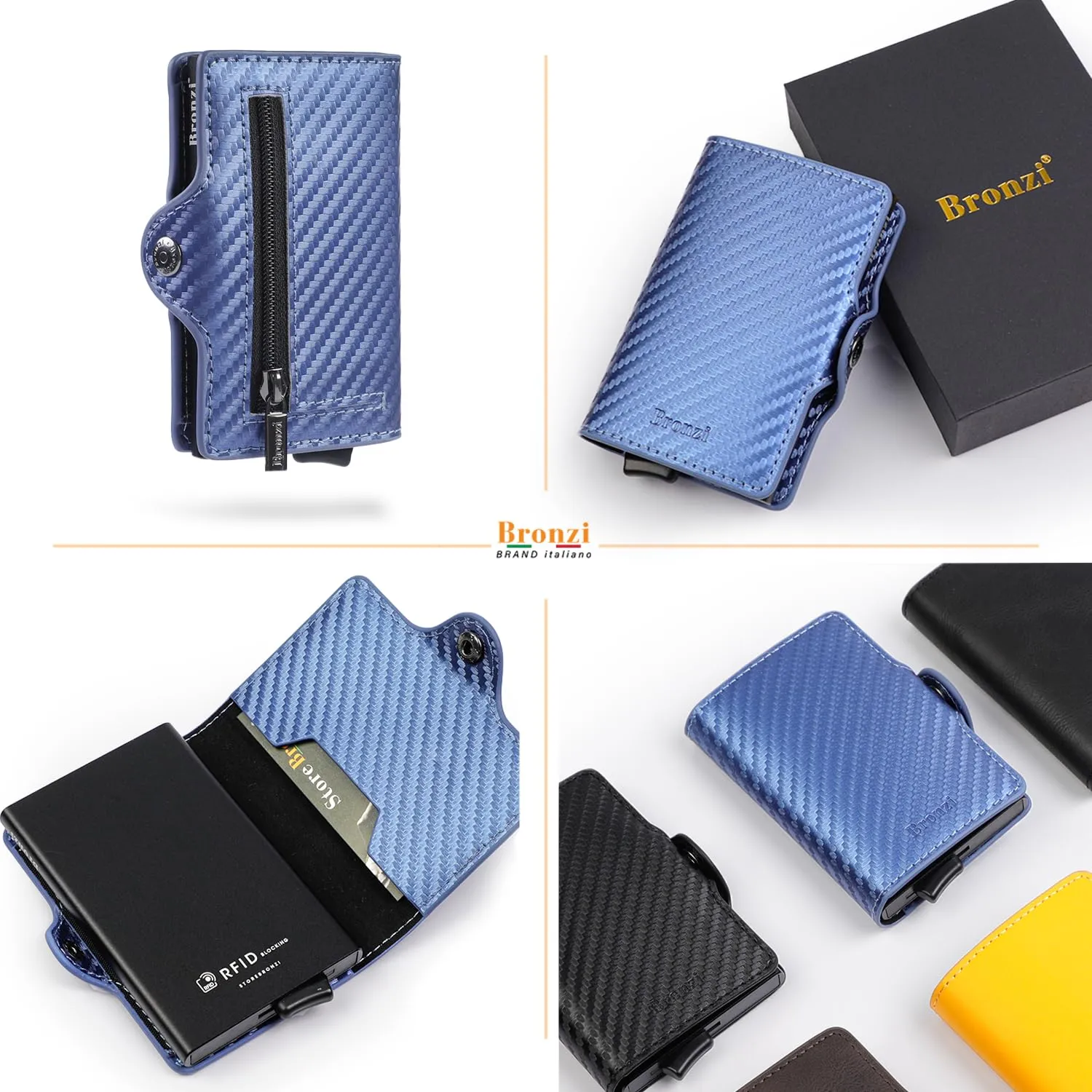Bronzi Portafoglio Slim Porta Carte Credito RFID Carbon Blu - immagine 4