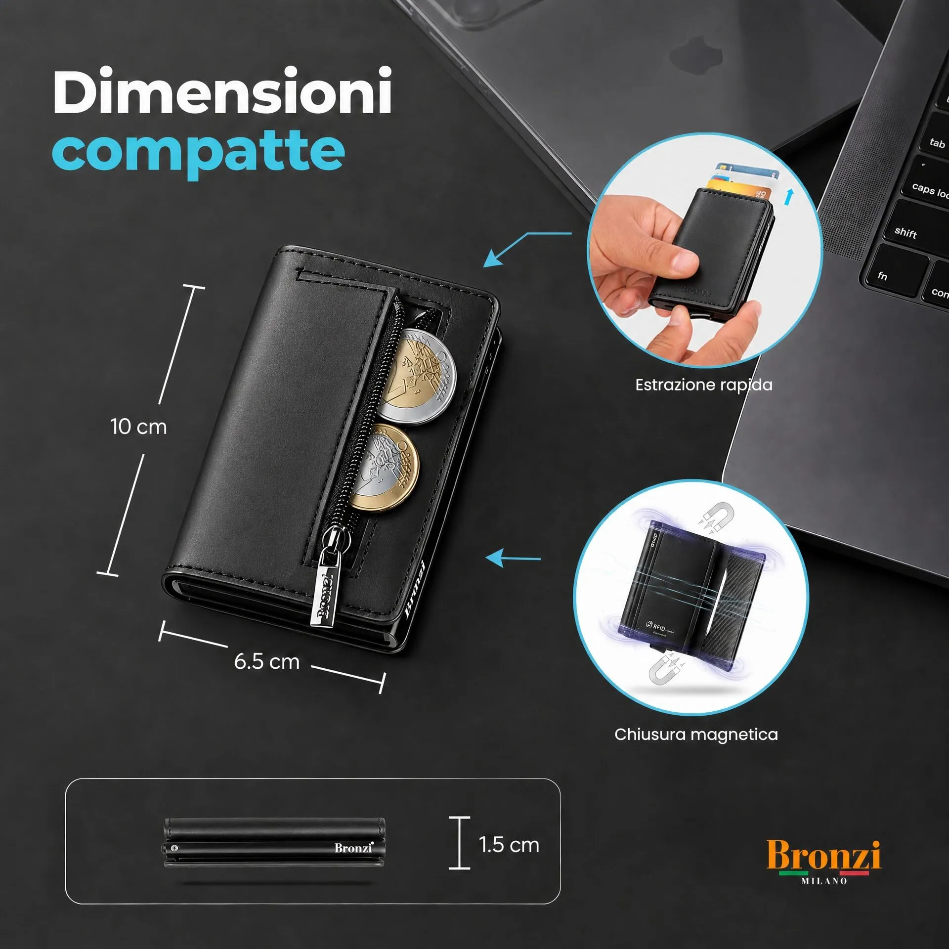 Bronzi Portafoglio Uomo Slim Piccolo Portacarte con Protezione RFID e Portamonete - immagine 2