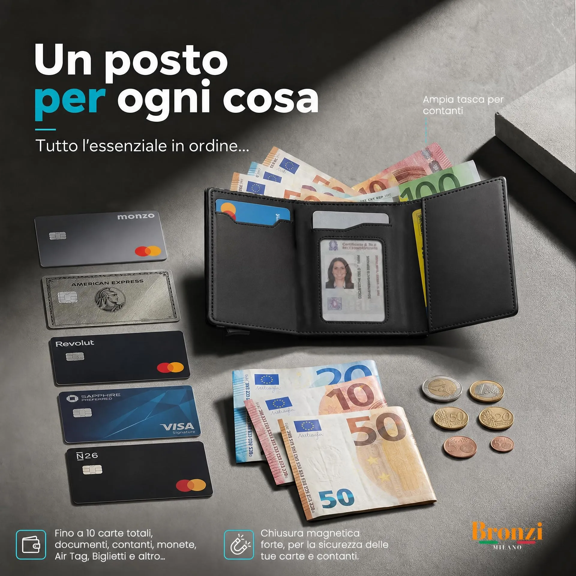 Bronzi Portafoglio Uomo Slim Piccolo Portacarte con Protezione RFID e Portamonete - immagine 3