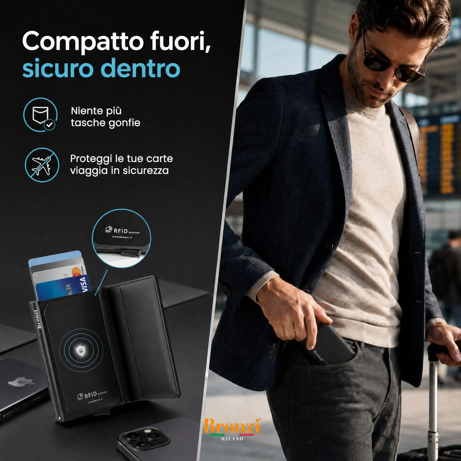Bronzi Portafoglio Uomo Slim Piccolo Portacarte con Protezione RFID e Portamonete - immagine 4