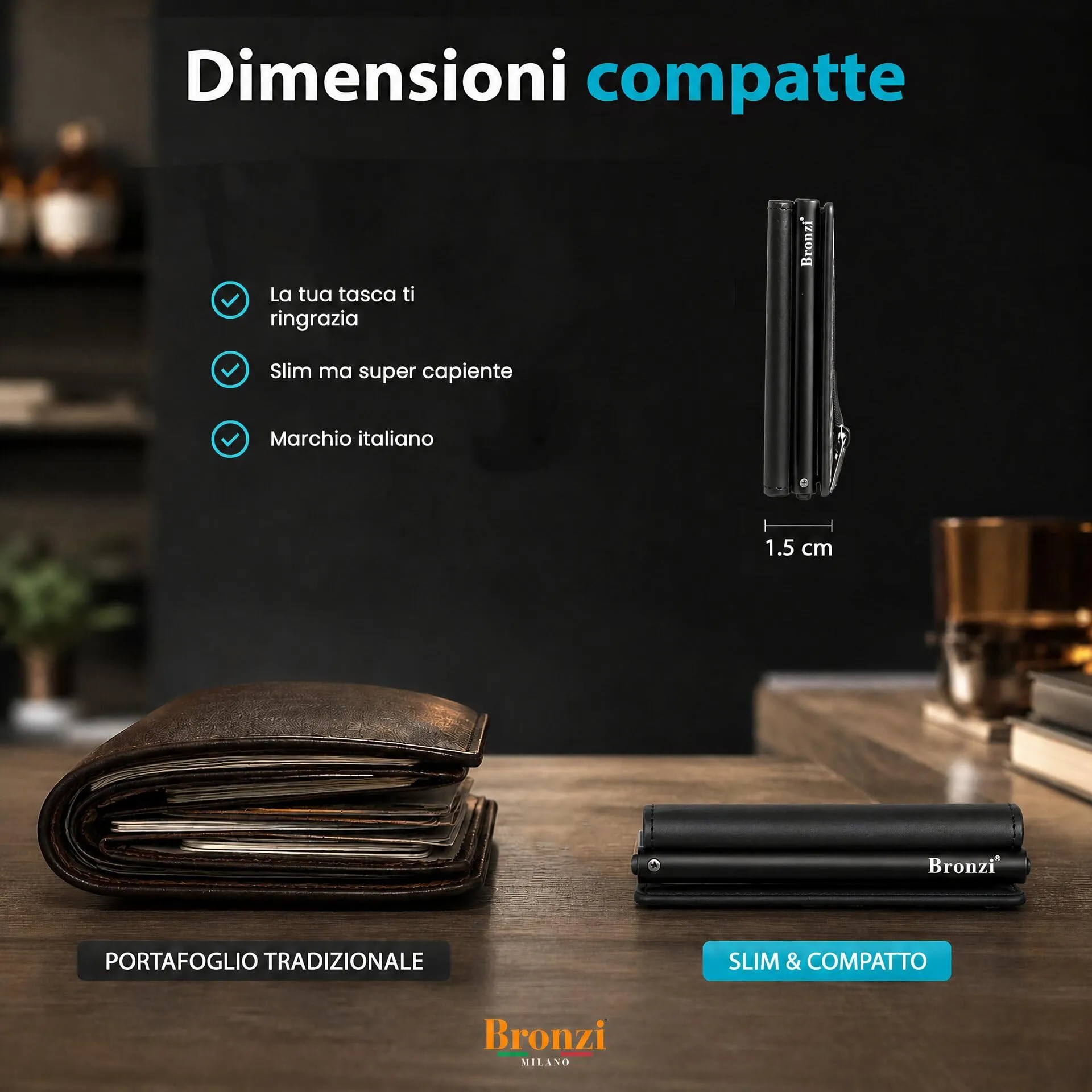 Bronzi Portafoglio Uomo Slim Piccolo Portacarte con Protezione RFID e Portamonete - immagine 5