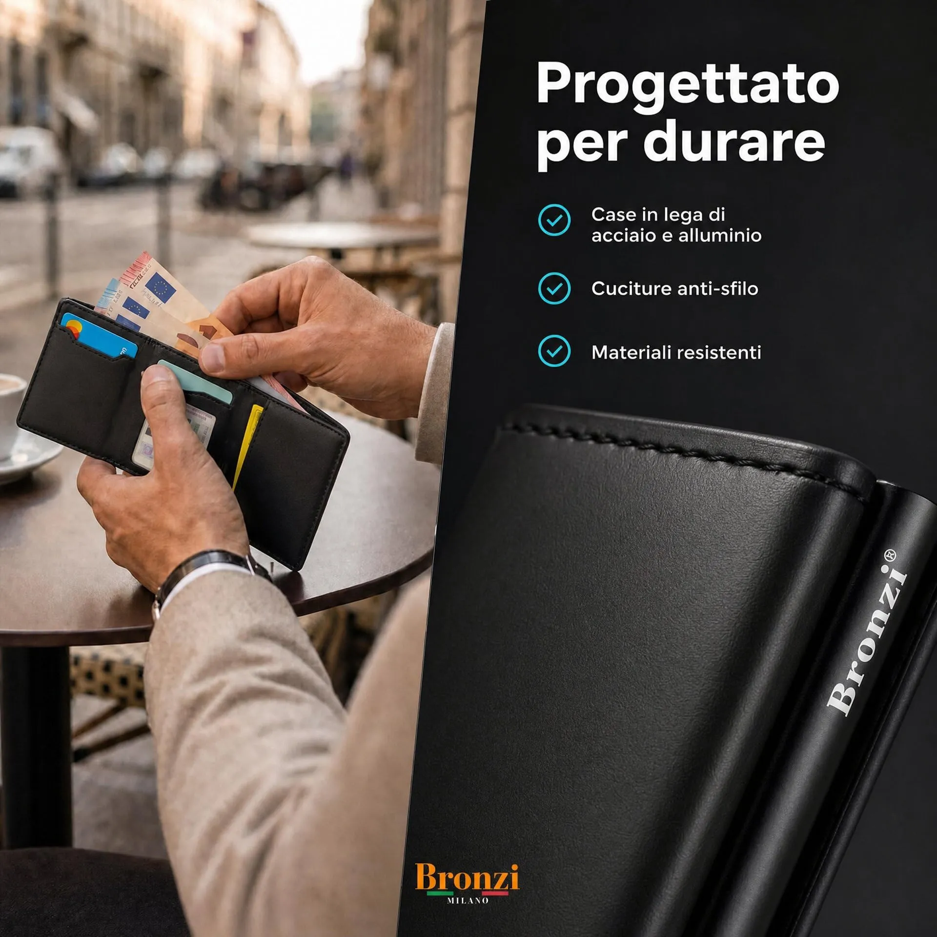 Bronzi Portafoglio Uomo Slim Piccolo Portacarte con Protezione RFID e Portamonete - immagine 6