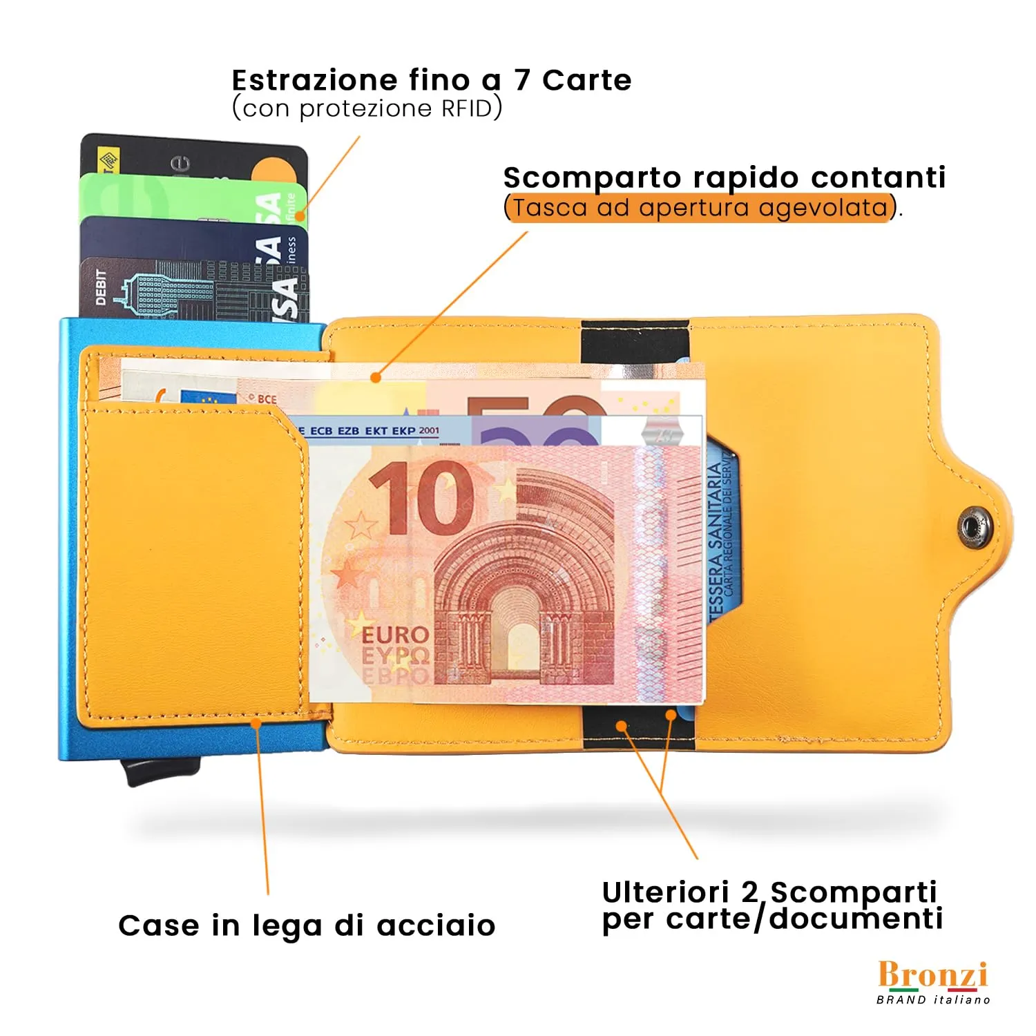 Bronzi Portafoglio Slim Porta Carte Credito RFID in Similpelle - Giallo - immagine 3