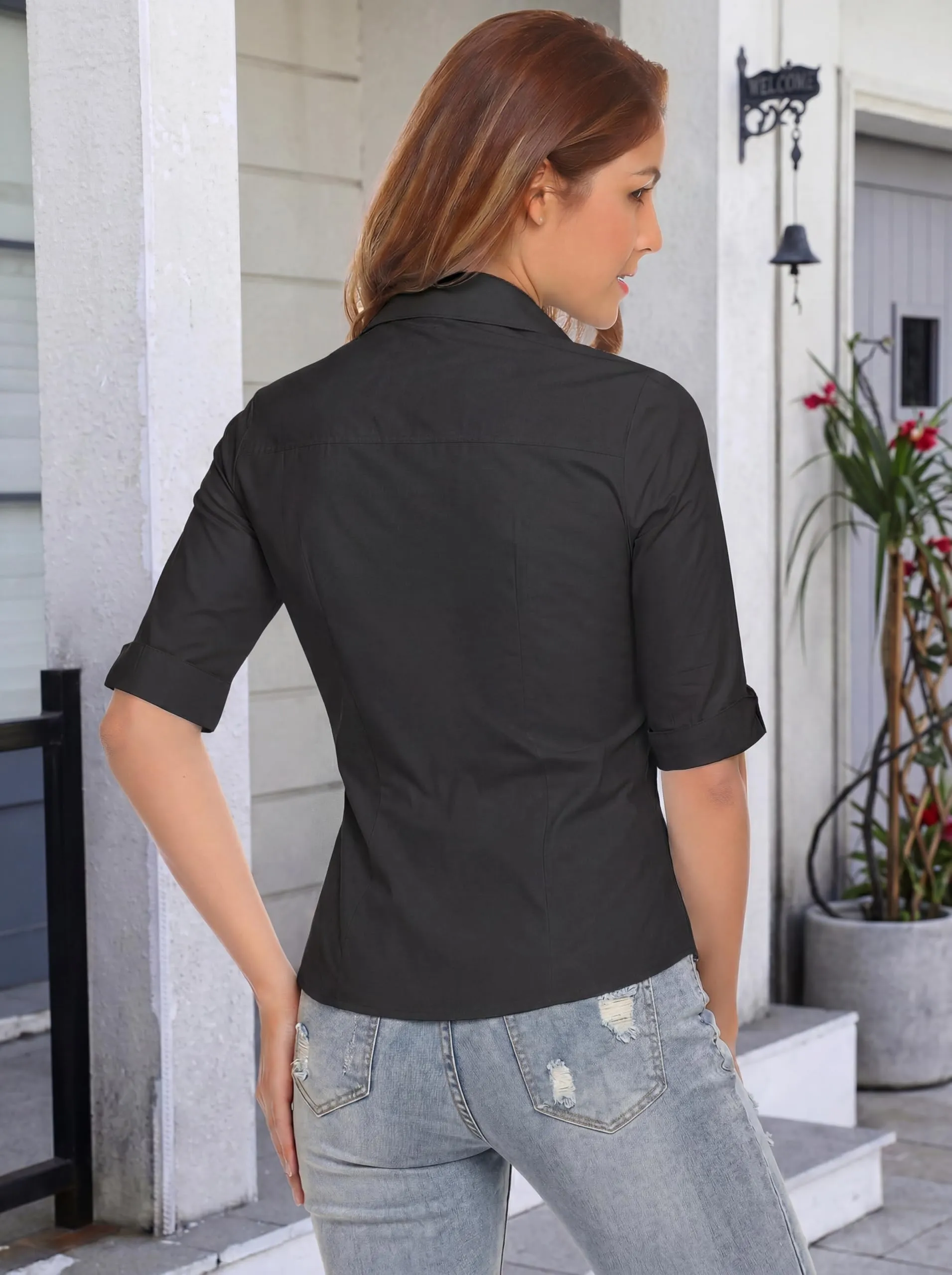 Hotouch Camicetta da Donna in Cotone Slim Fit con Maniche a 3/4 e Scollo a V, Nero, XXL - immagine 5