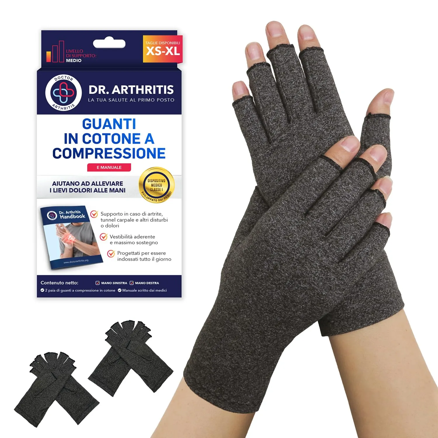 Dr. Arthritis Guanti a Compressione per Artrosi e Tunnel Carpale, Senza Dita in Cotone, Grigio, Taglia L (2 Paia) - immagine 1
