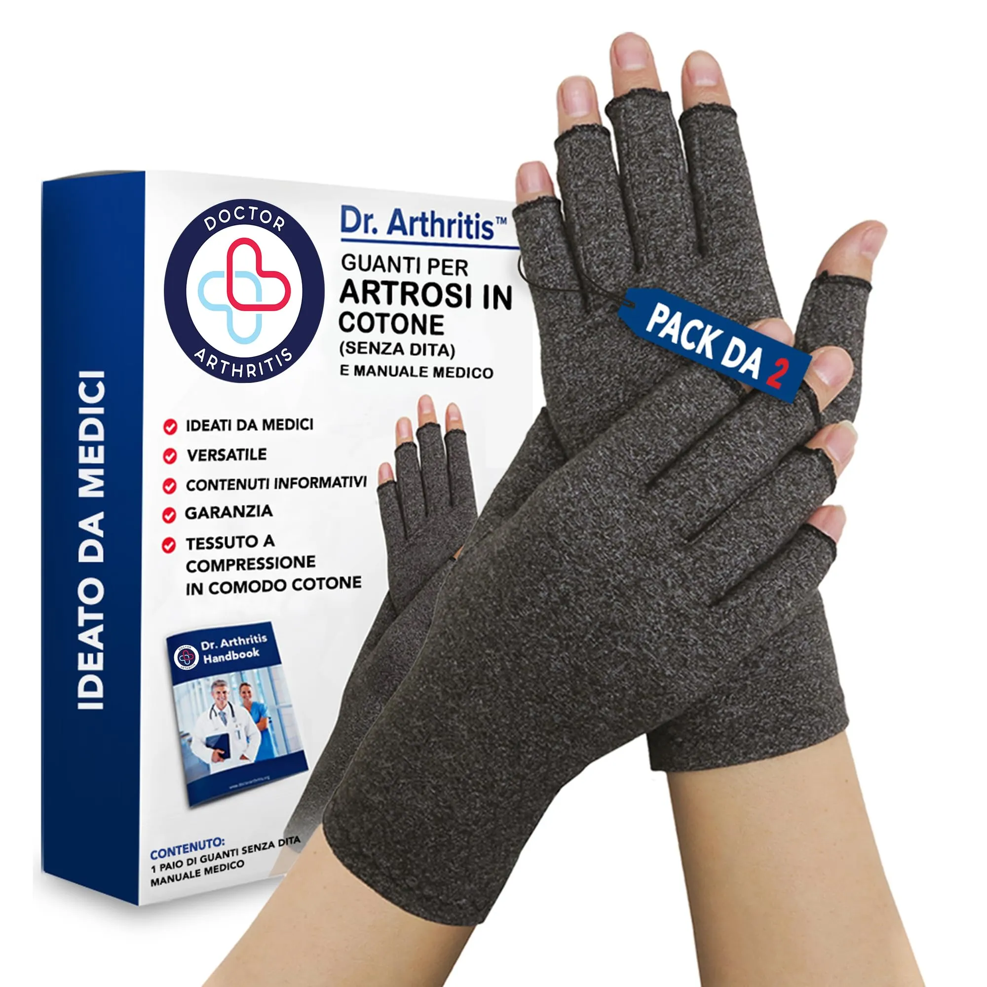 Dr. Arthritis Guanti a Compressione per Artrosi e Tunnel Carpale in Cotone senza Dita, Grigio, Taglia XL (2 Paia) - immagine 1