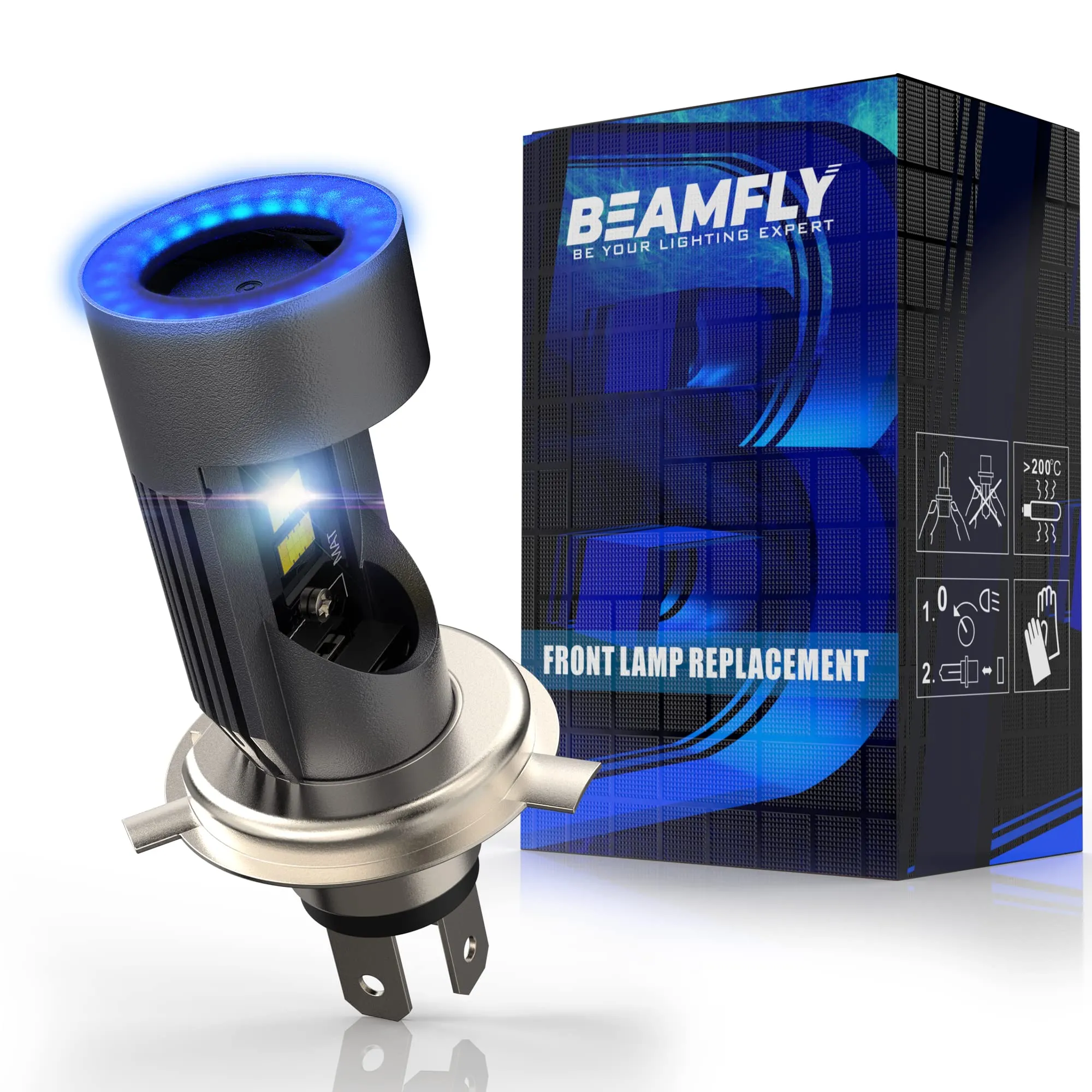 BEAMFLY H4 HB2 9003 LED Lampadina Moto Scooter con Anello Aureola Occhi d'angelo, 6500LM 6000K Bianco - immagine 1