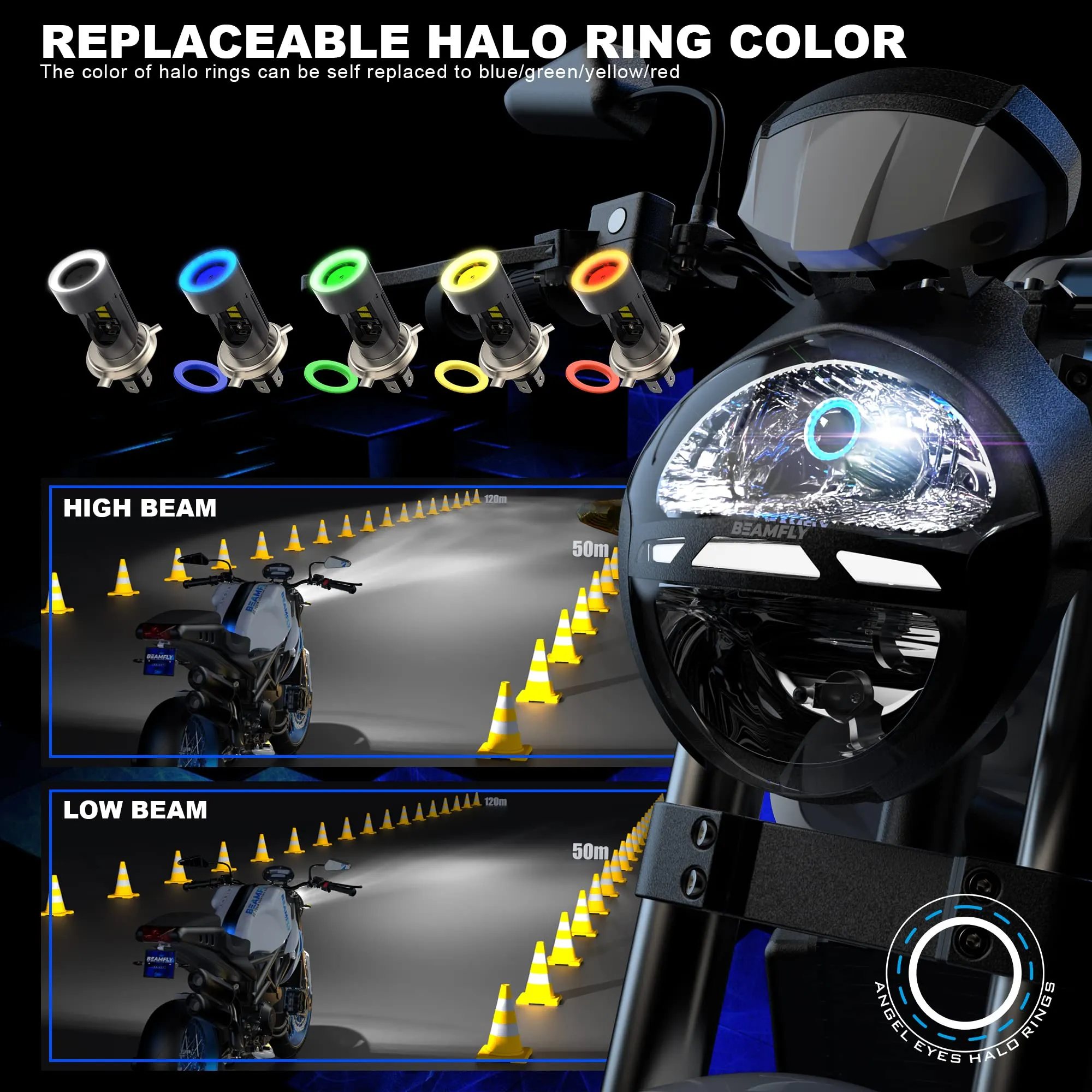 BEAMFLY H4 HB2 9003 LED Lampadina Moto Scooter con Anello Aureola Occhi d'angelo, 6500LM 6000K Bianco - immagine 2