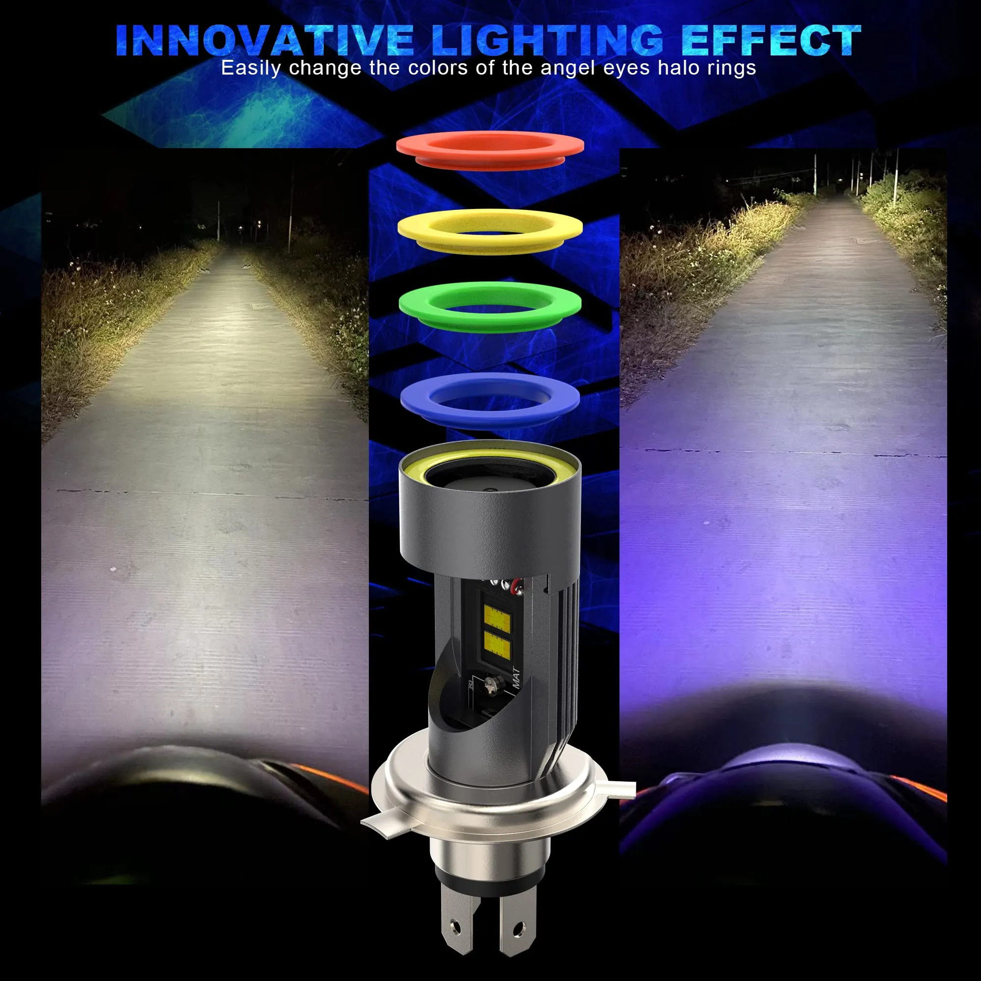 BEAMFLY H4 HB2 9003 LED Lampadina Moto Scooter con Anello Aureola Occhi d'angelo, 6500LM 6000K Bianco - immagine 3
