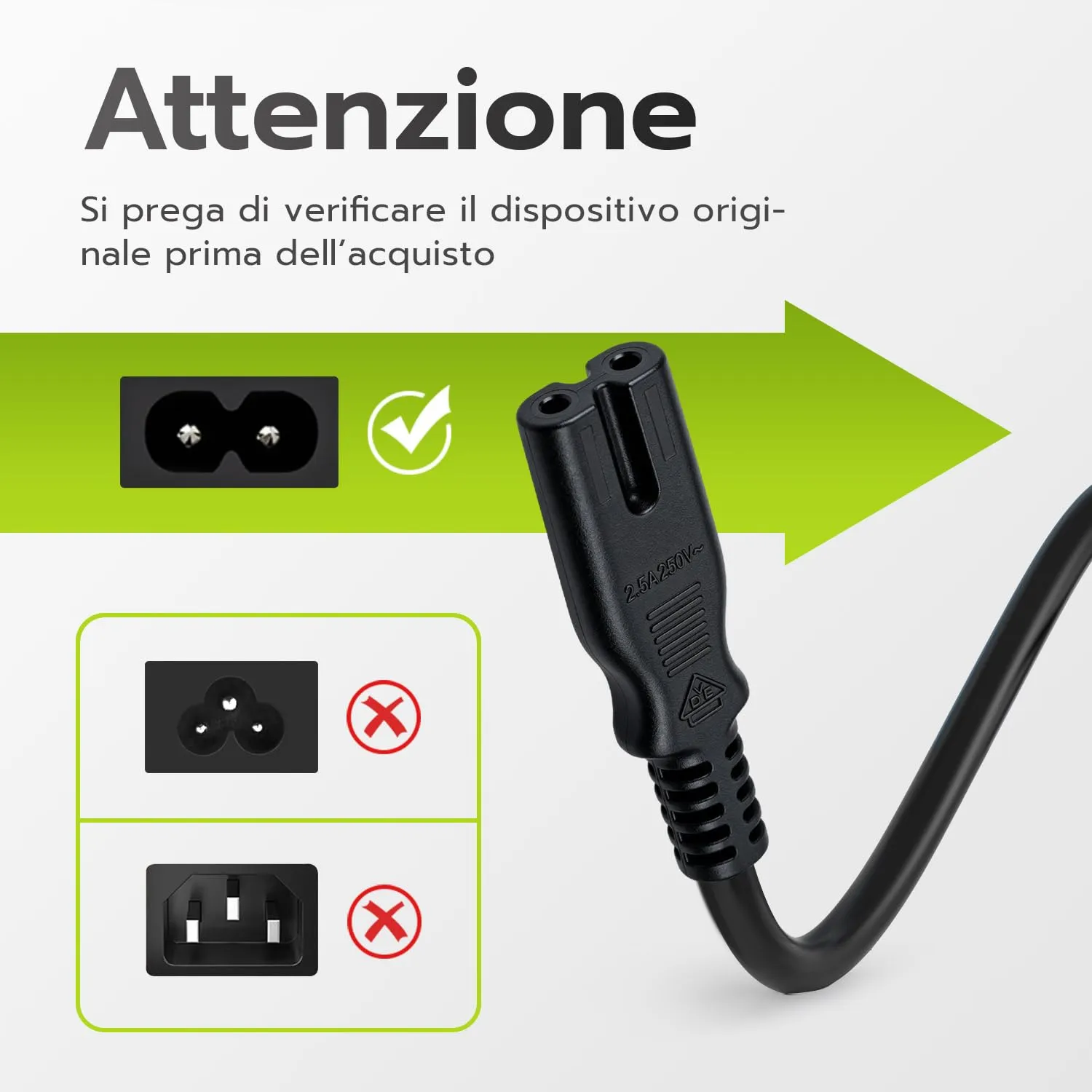 Tolesum 1.5m IEC 320 C7 Power Cable with 2 Pin Euro Plug - Black - immagine 4