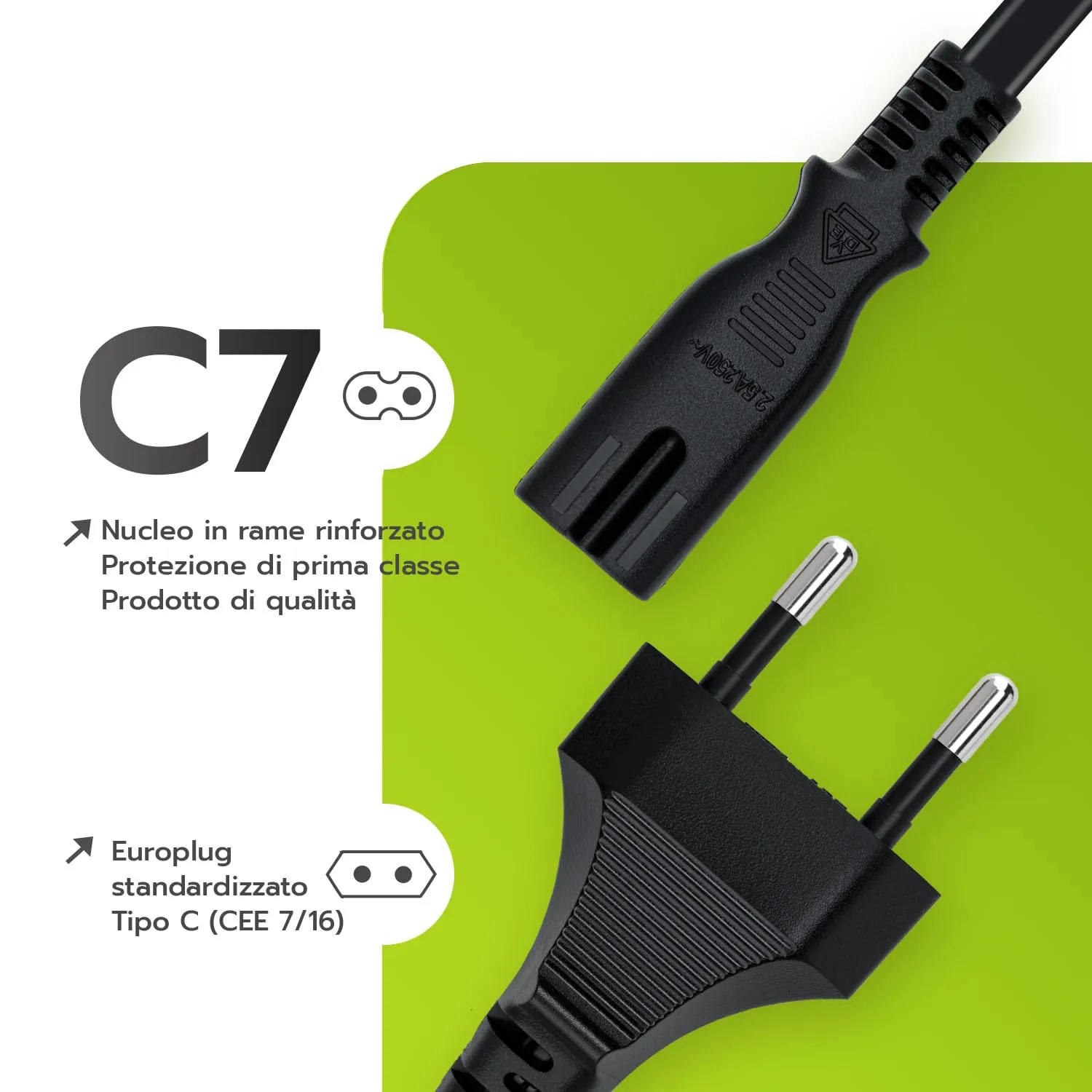 Tolesum 1.5m IEC 320 C7 Power Cable with 2 Pin Euro Plug - Black - immagine 5