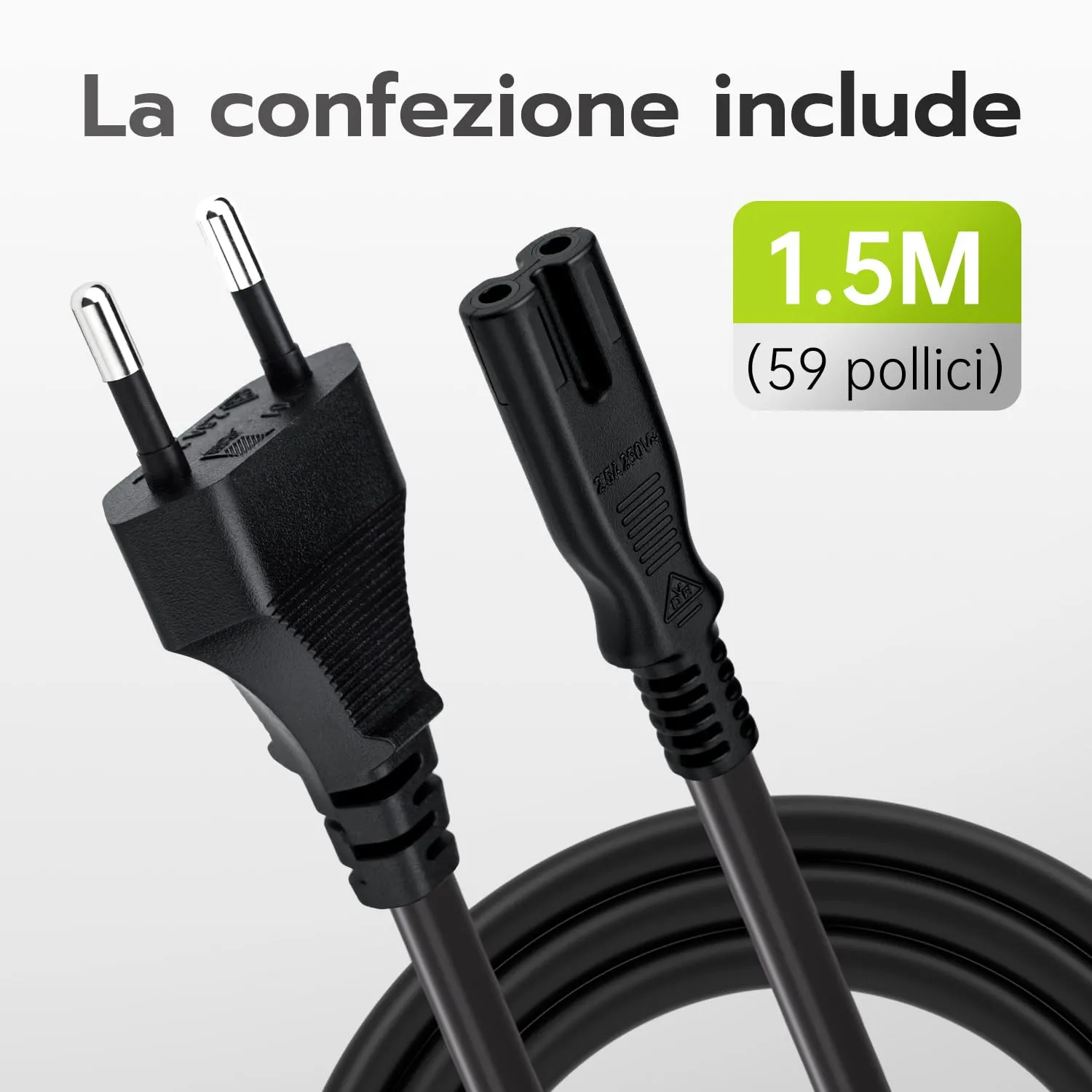 Tolesum 1.5m IEC 320 C7 Power Cable with 2 Pin Euro Plug - Black - immagine 7