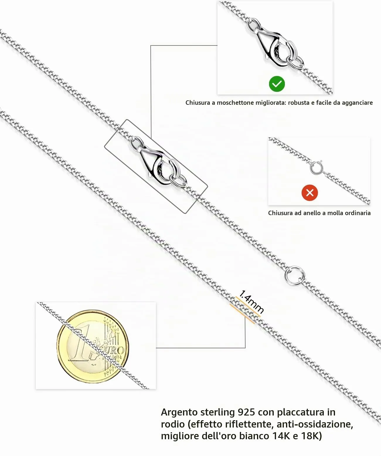 OSTAN Collana a Catena Cuban in Argento Sterling 925 da Donna senza Ciondolo, 60cm 70cm 80cm - immagine 2