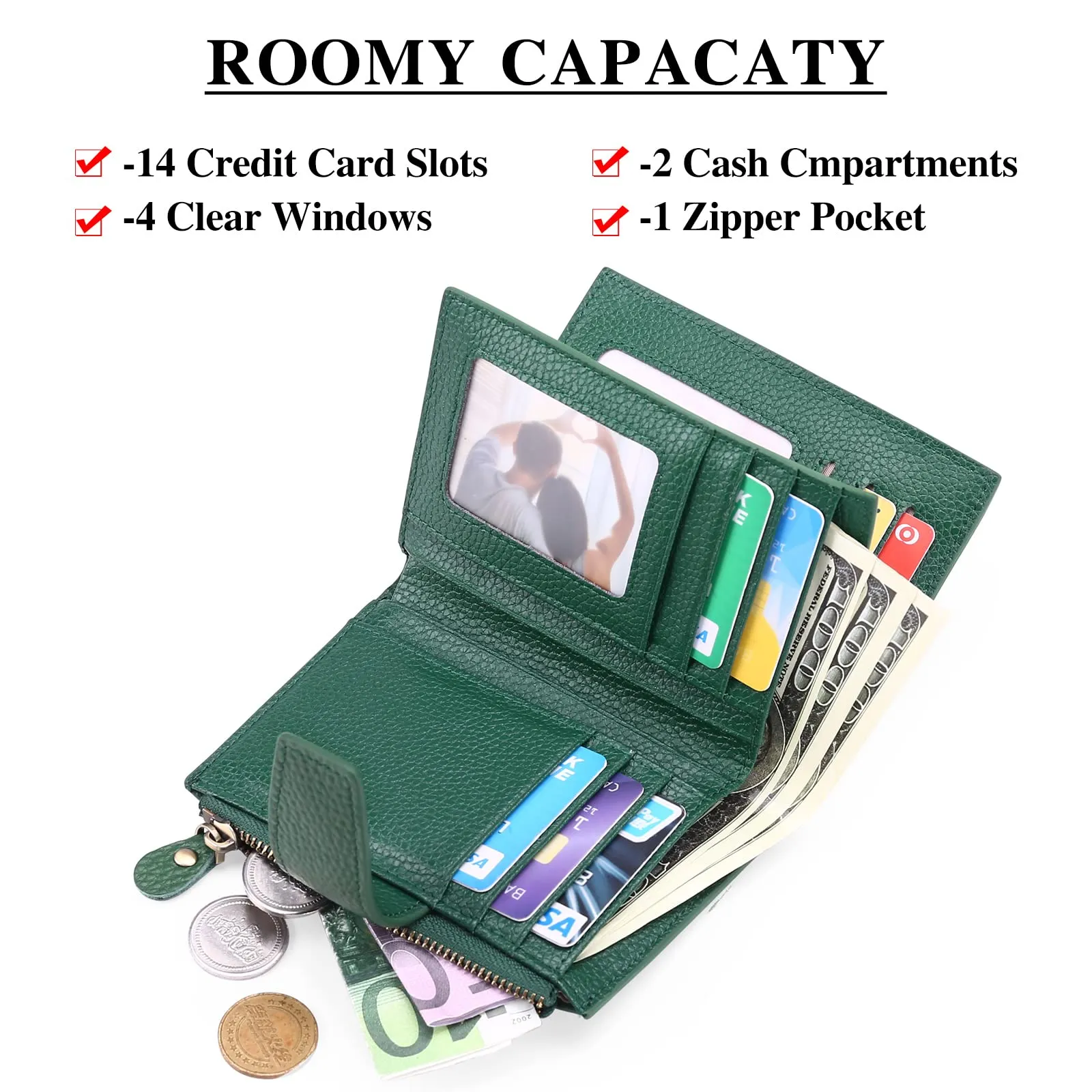 SENDEFN Portafoglio Donna in Pelle Vera con Blocco RFID e 14 Slot per Carte - immagine 6