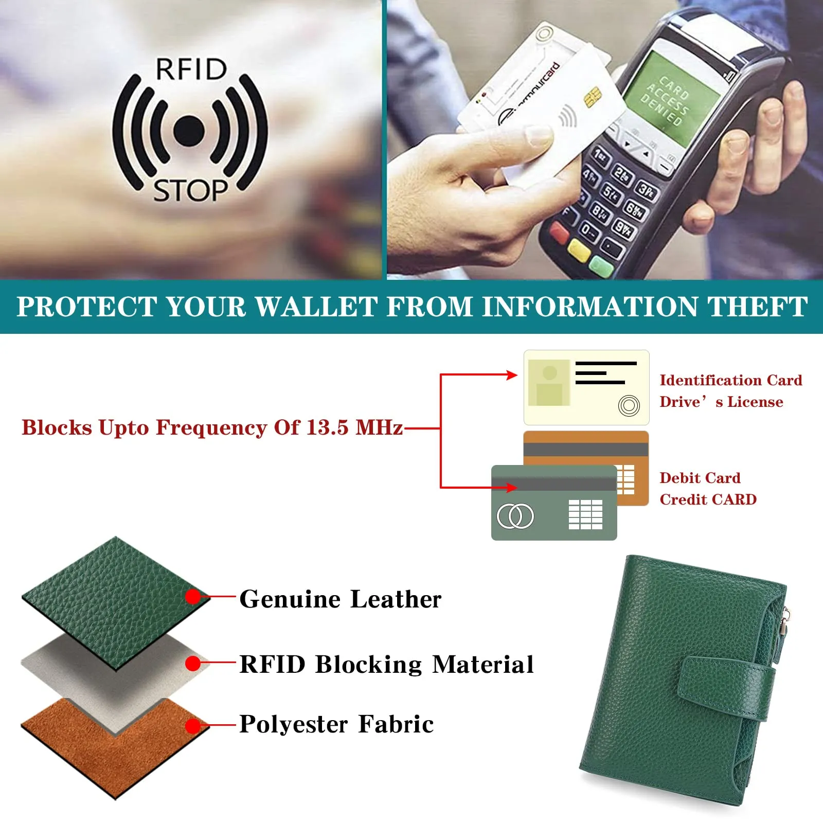 SENDEFN Portafoglio Donna in Pelle Vera con Blocco RFID e 14 Slot per Carte - immagine 9