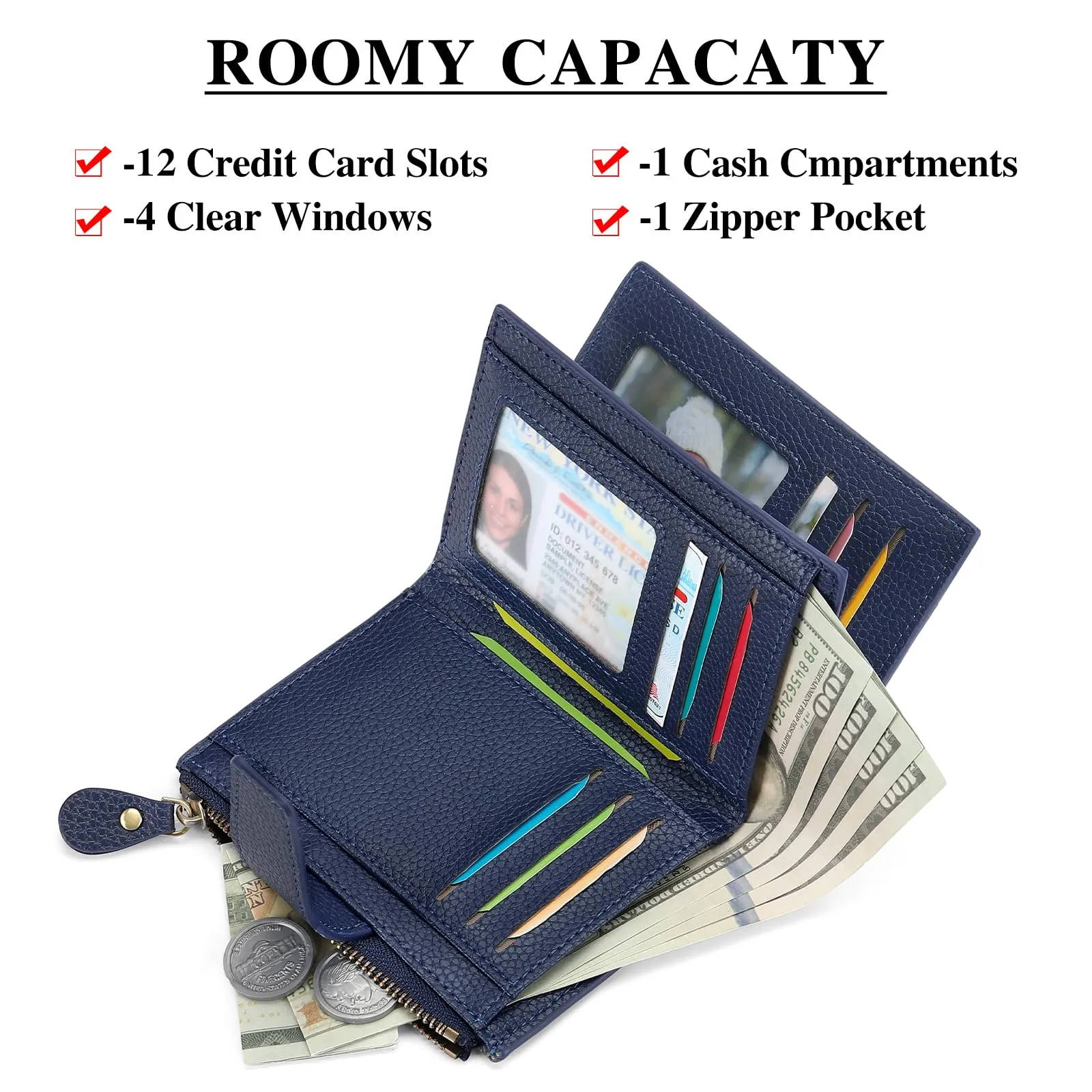 SENDEFN Portafoglio Donna in Pelle Vera con Blocco RFID, 14 Slot per Carte e Portamonete con Cerniera - immagine 6