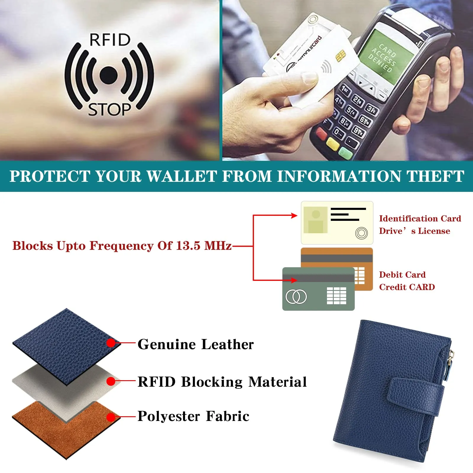 SENDEFN Portafoglio Donna in Pelle Vera con Blocco RFID, 14 Slot per Carte e Portamonete con Cerniera - immagine 9