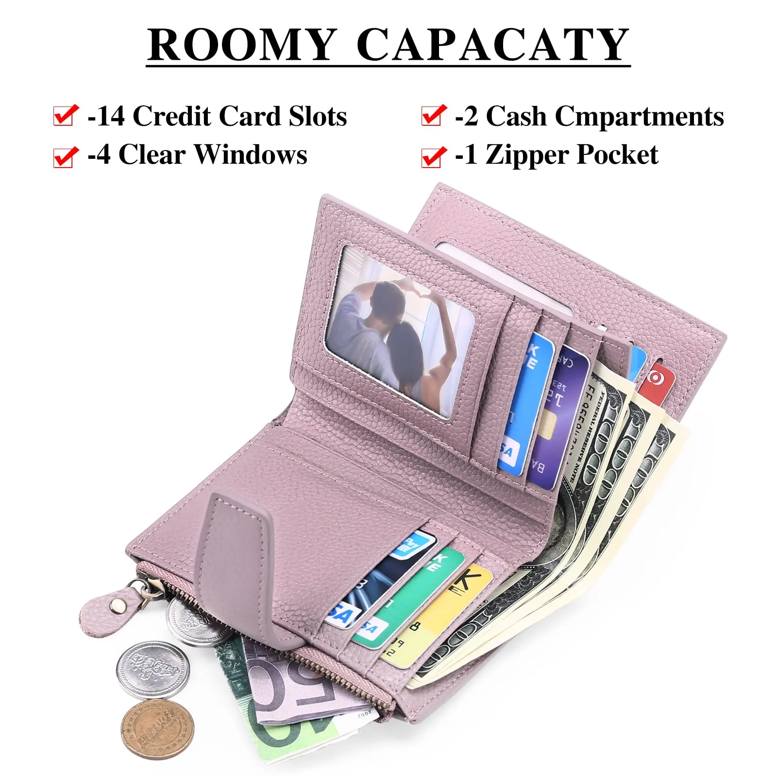 SENDEFN Portafoglio Donna in Pelle Vera con Blocco RFID, 14 Slot per Carte e Portamonete con Cerniera - immagine 6
