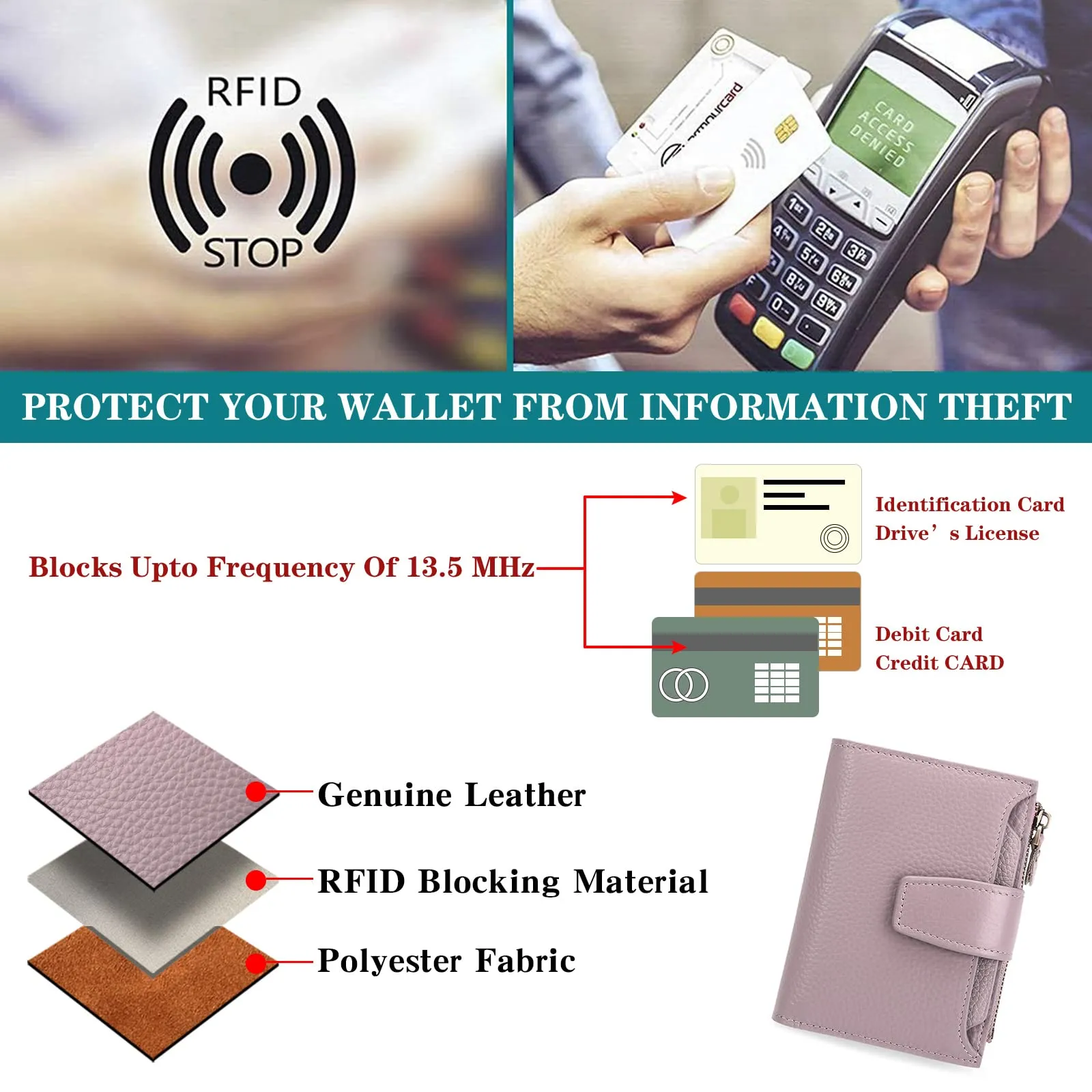 SENDEFN Portafoglio Donna in Pelle Vera con Blocco RFID, 14 Slot per Carte e Portamonete con Cerniera - immagine 9