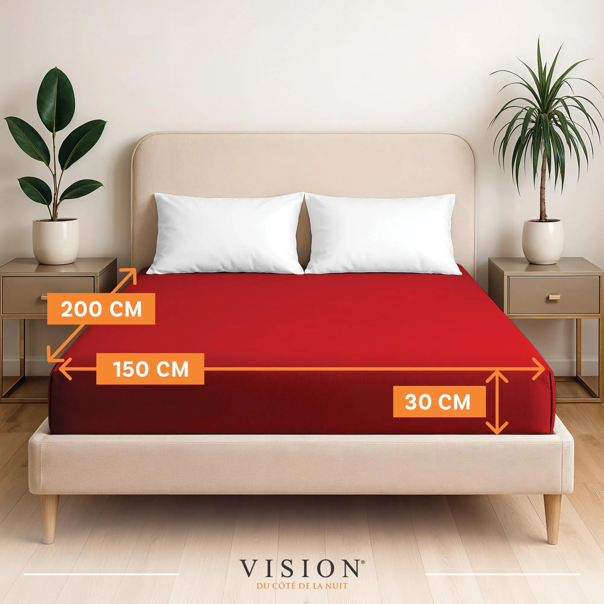 VISION Lenzuolo con angoli 100% cotone, Letto matrimoniale 150 x 200 cm, Rosso - immagine 2