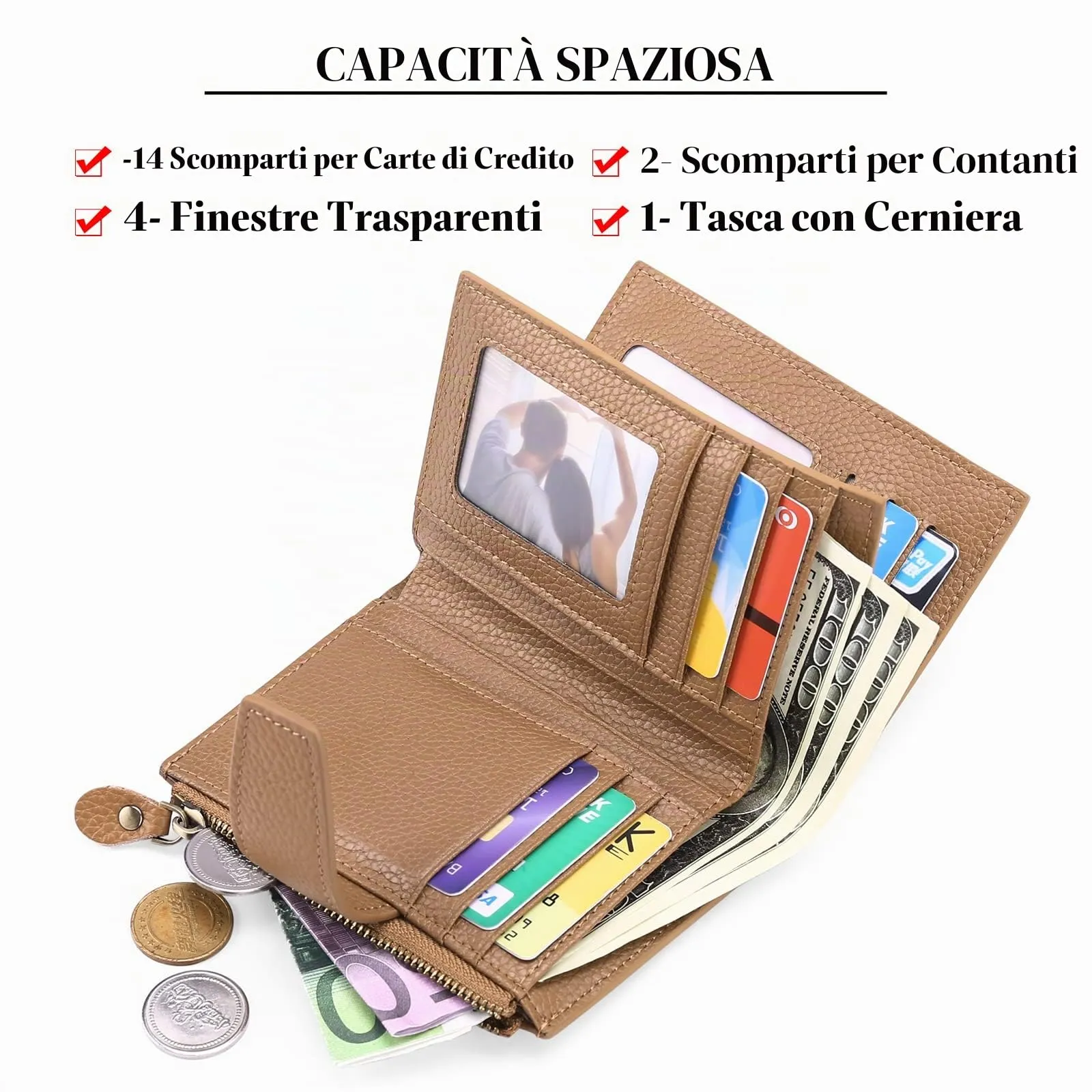 SENDEFN Portafoglio Donna in Pelle Vera Piccolo con Blocco RFID, 14 Slot per Carte e Portamonete con Cerniera - immagine 6