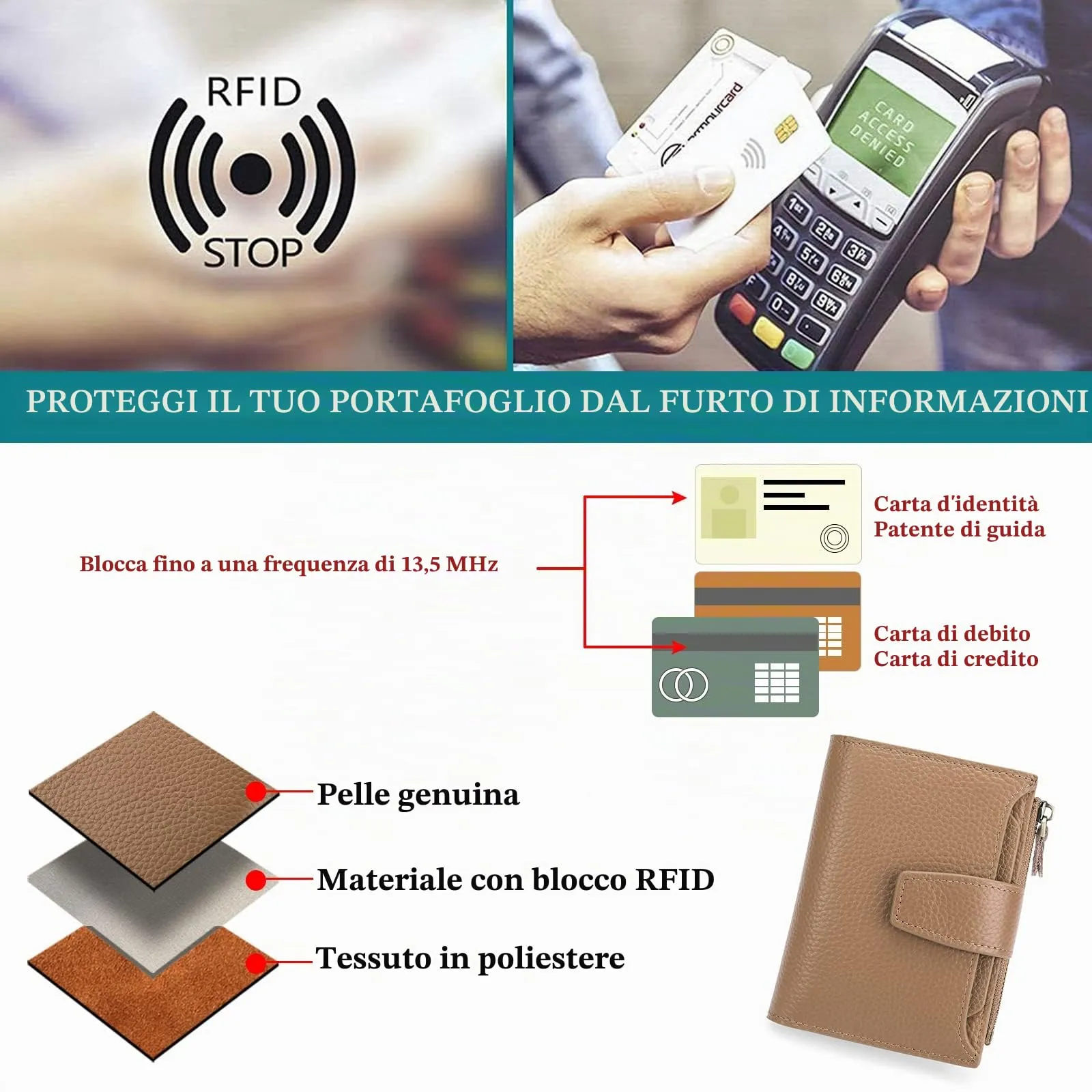 SENDEFN Portafoglio Donna in Pelle Vera Piccolo con Blocco RFID, 14 Slot per Carte e Portamonete con Cerniera - immagine 9
