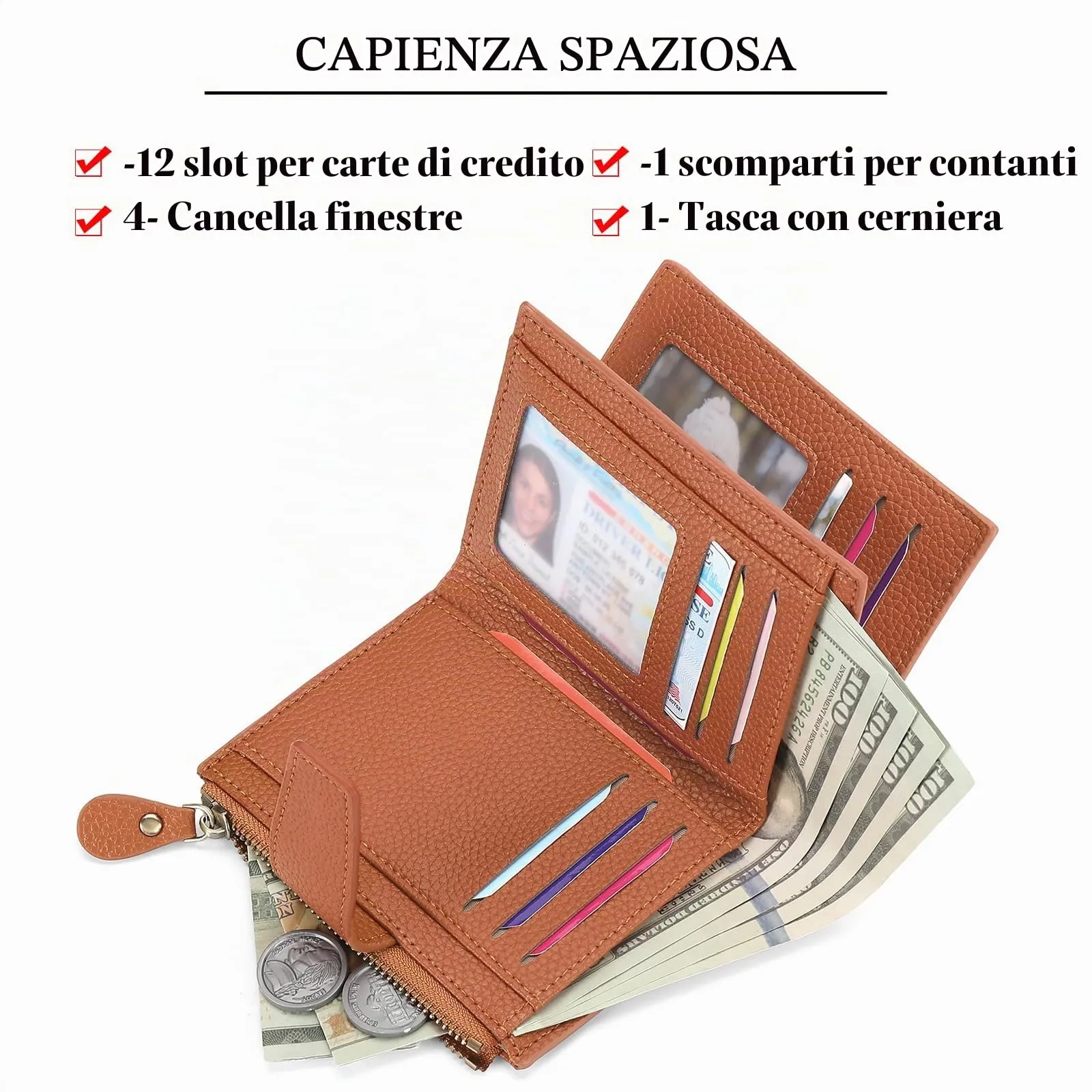 SENDEFN Portafoglio Donna in Pelle Vera con Cerniera e 14 Slot per Carte, RFID Blocking - immagine 6