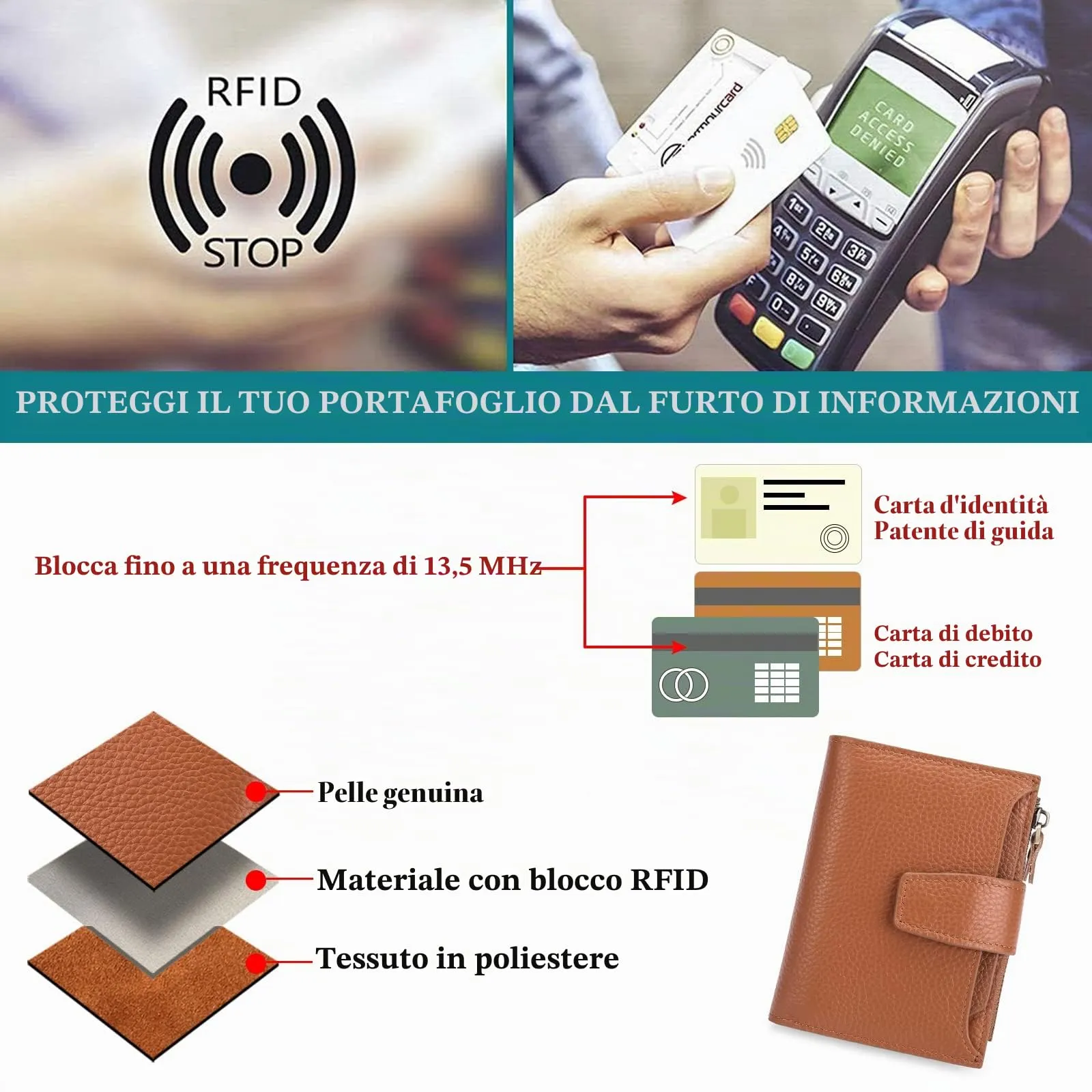 SENDEFN Portafoglio Donna in Pelle Vera con Cerniera e 14 Slot per Carte, RFID Blocking - immagine 9