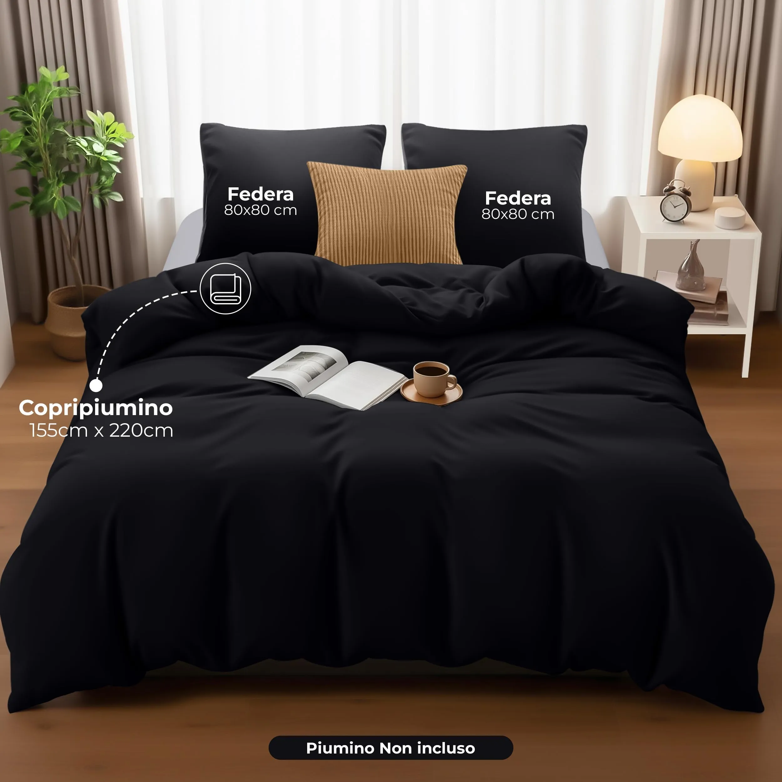 Utopia Bedding Set Copripiumino 155x220 cm e 2 Federe 80x80 cm, Nero - immagine 4