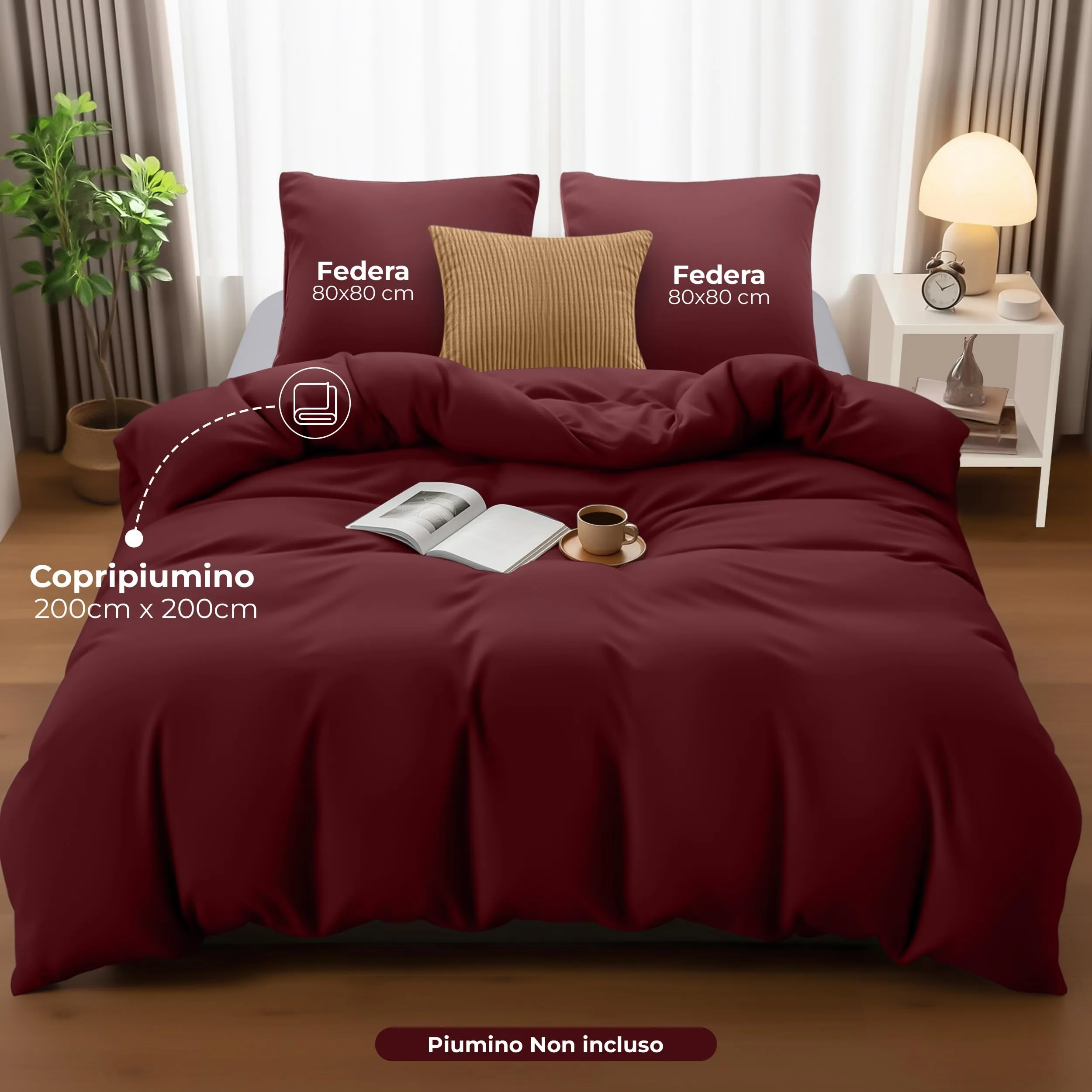 Utopia Bedding Set Copripiumino 200x200 cm e 2 Federe 80x80 cm, Bordeaux - immagine 4