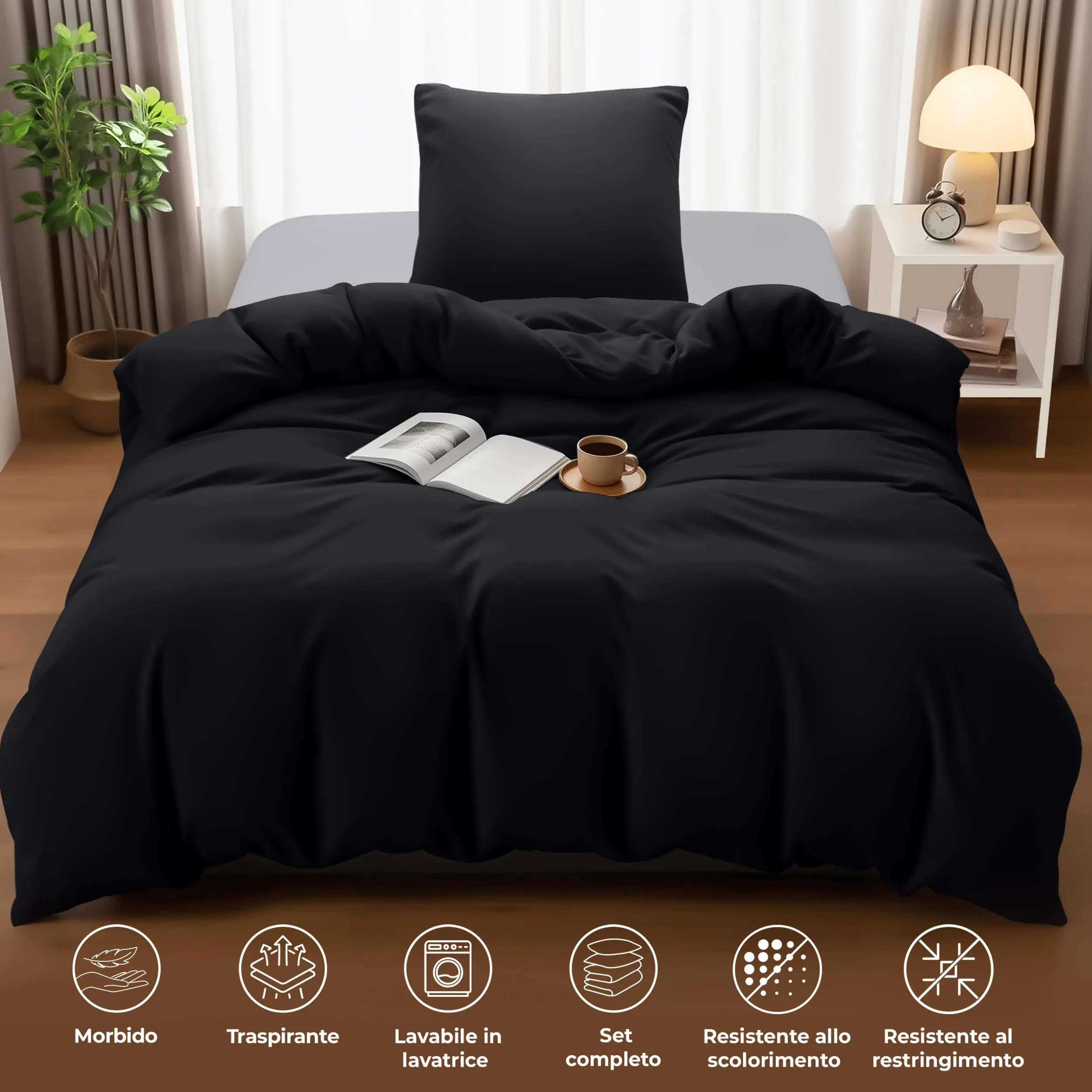 Utopia Bedding Set Copripiumino Singolo 140x200 cm e Federa 65x65 cm, Nero - immagine 5