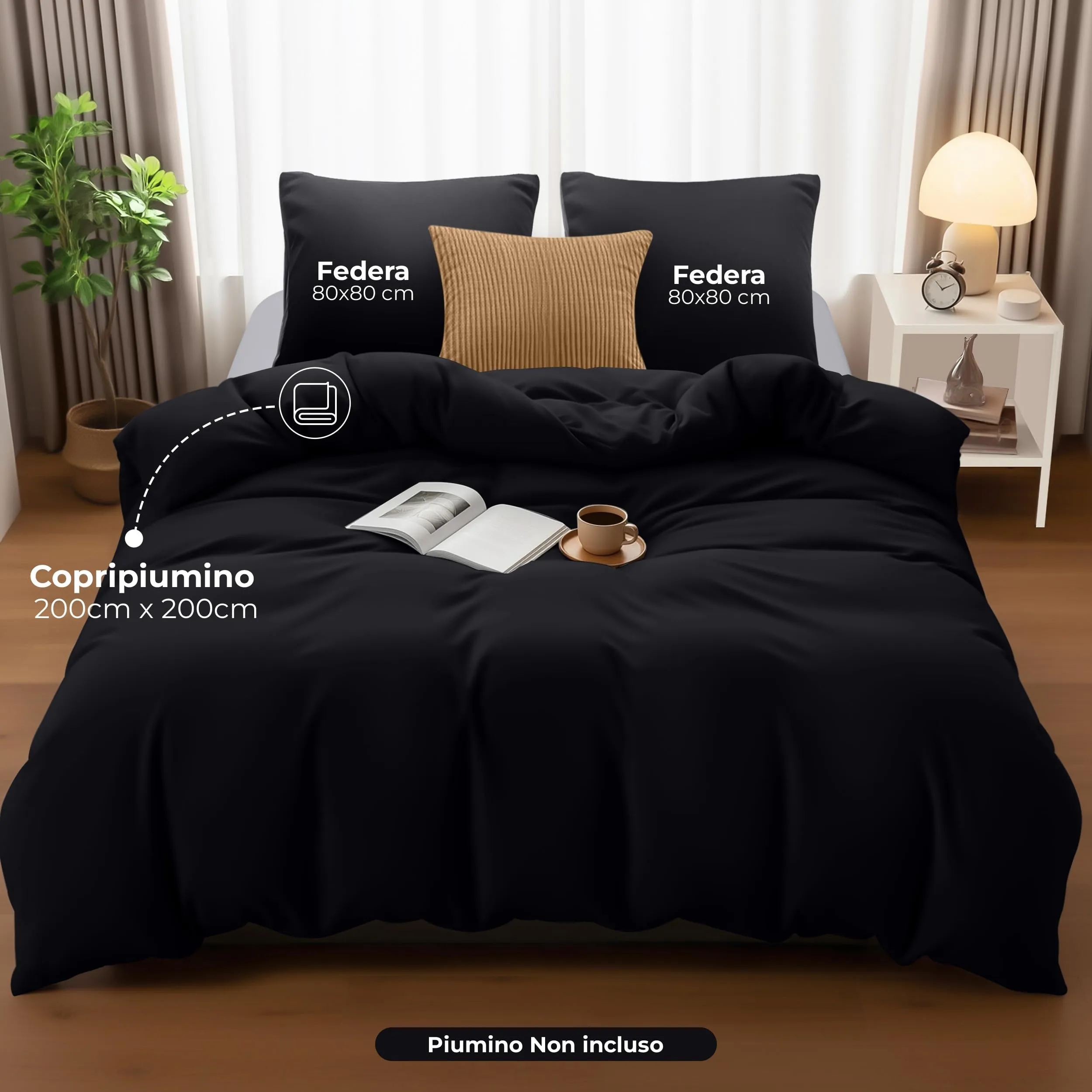 Utopia Bedding Set Copripiumino Matrimoniale 200x200 cm e 2 Federe 80x80 cm, Nero - immagine 4