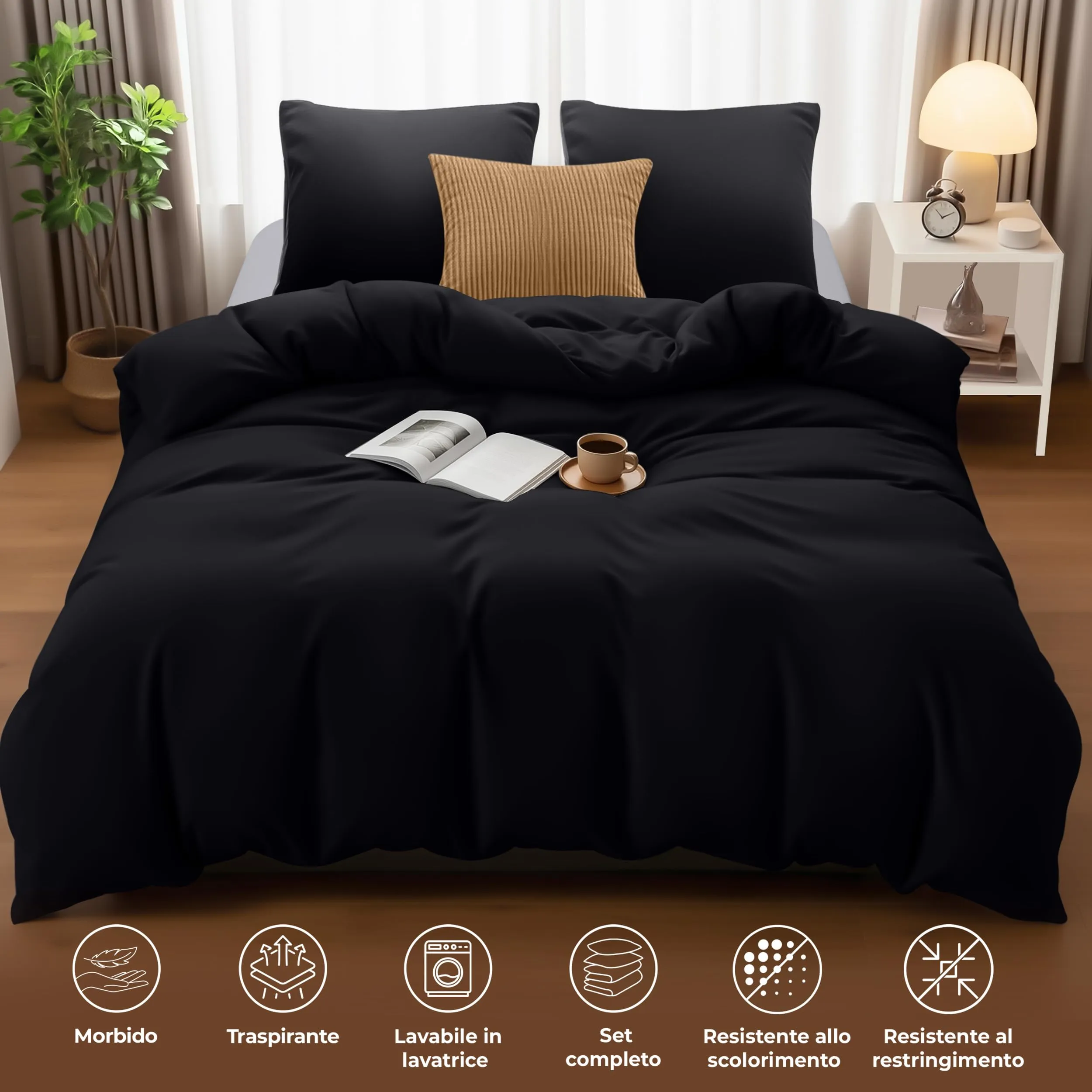 Utopia Bedding Set Copripiumino Matrimoniale 200x200 cm e 2 Federe 80x80 cm, Nero - immagine 5
